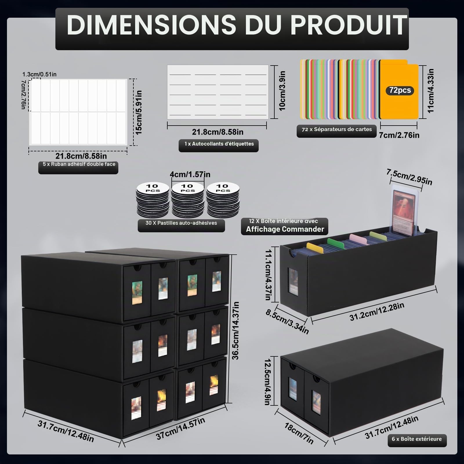 Boîte à Cartes Pour 11000+ Cartes, Boîtes de Rangement Pour Cartes à Collectionner Avec 72PCS Séparateurs,Etiquettes et Ruban Adhésif,Boîtes Magnétiques de Qualité Supérieure de Pour TCG Carte