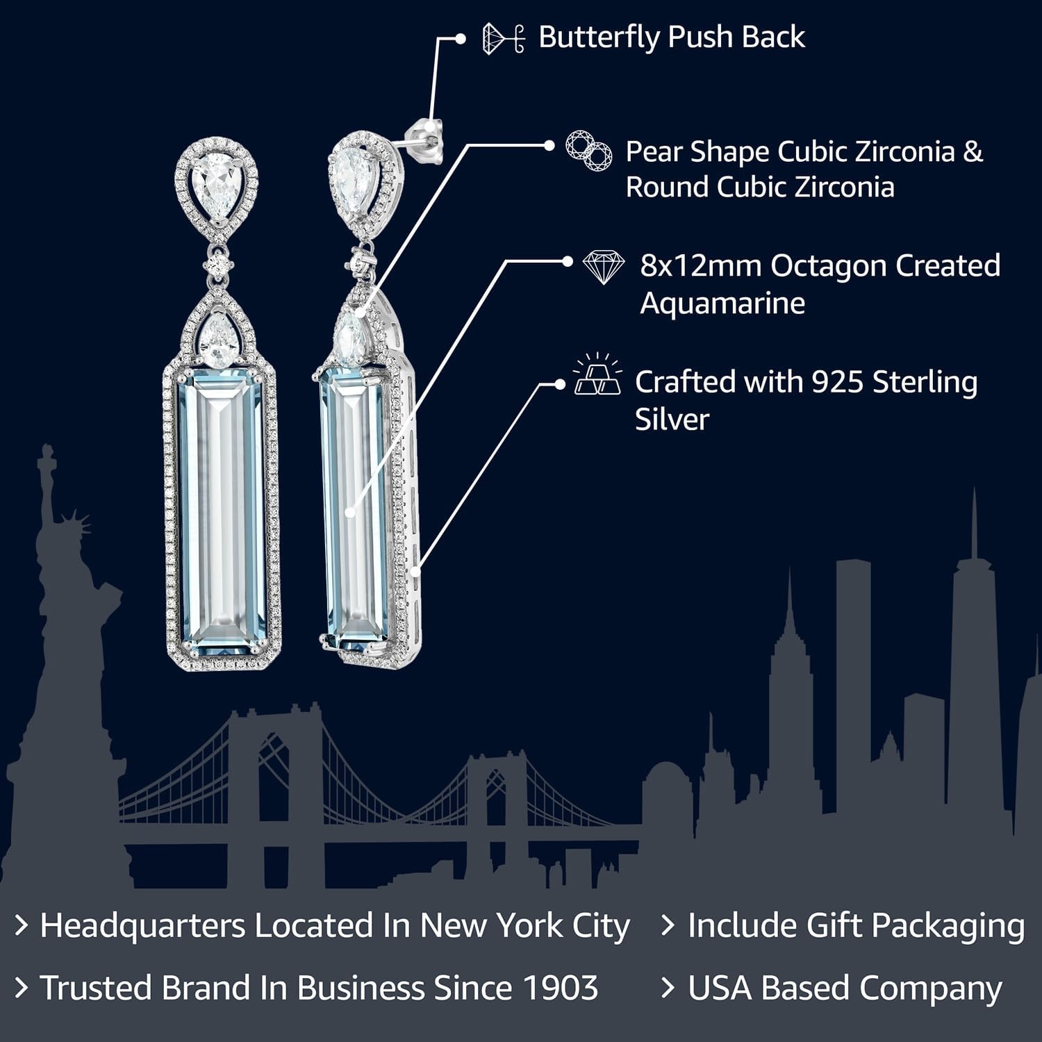 Gem Stone King 12.00 Cttw Simulated Aquamarine Art Deco Dangle Earrings For Women | 925 Sterling Silver | 2 Inch | Fine Jewelry Gifts for Her Mom Women Wife - Image 2