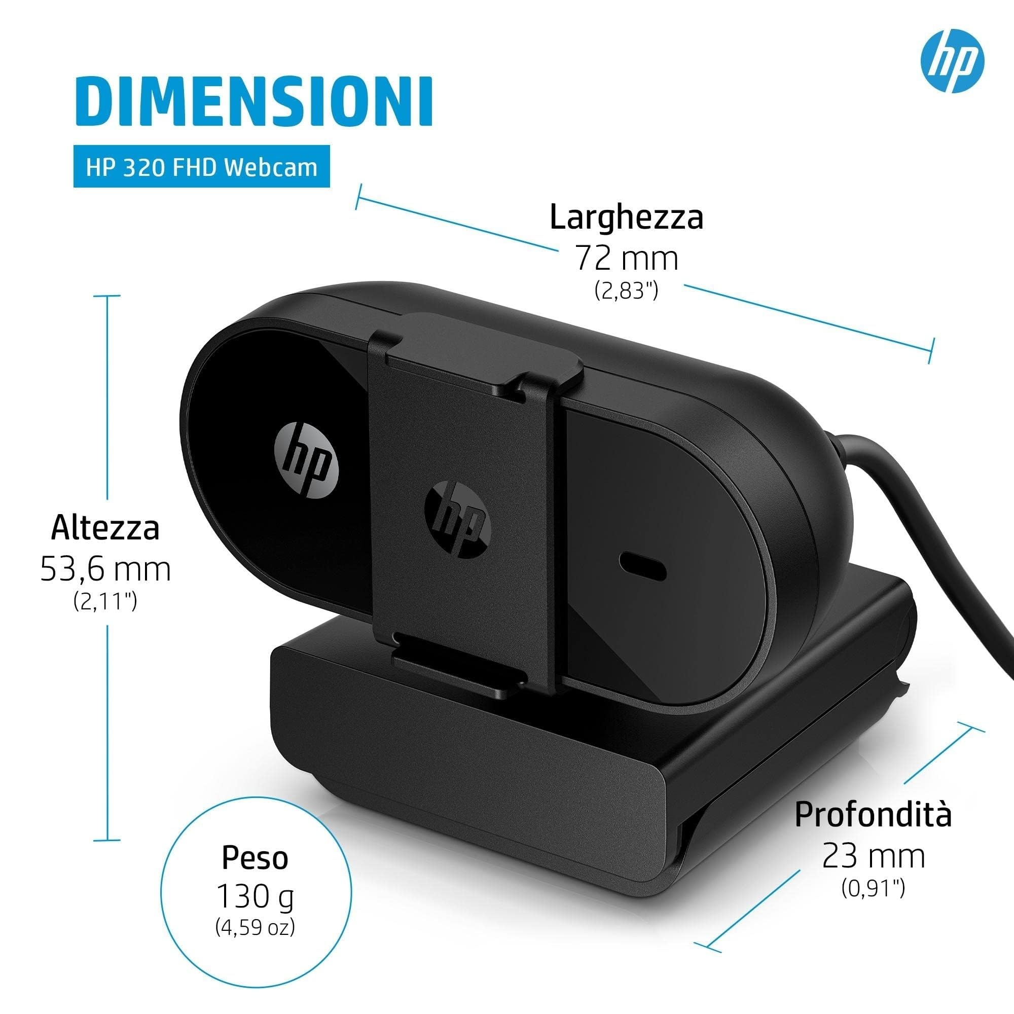 HP 320 Webcam FHD 1080P, USB, Grandangolare, Copriobiettivo, Angolazione regolabile, Correzione Automatica Luminosità, Certificata Works With Chromebook, Chrome OS, Windows 11, macOS, Nera