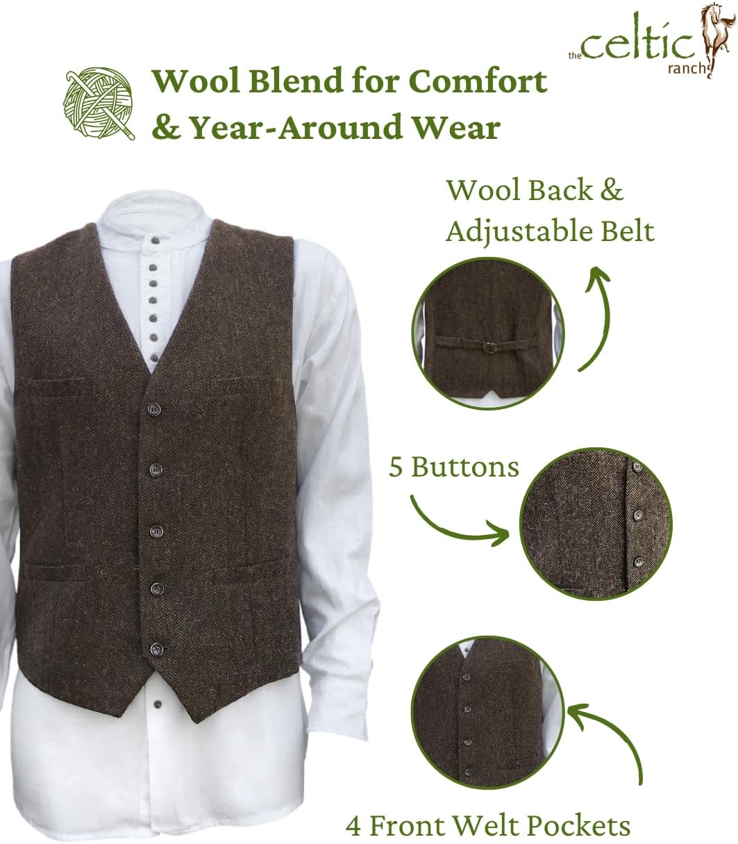 The Celtic Ranch Wool Blend Irish Tweed Mens Vest with Full Back, Adjustable Fabric Belt, 4 Pockets, and Herringbone Pattern - Image 2