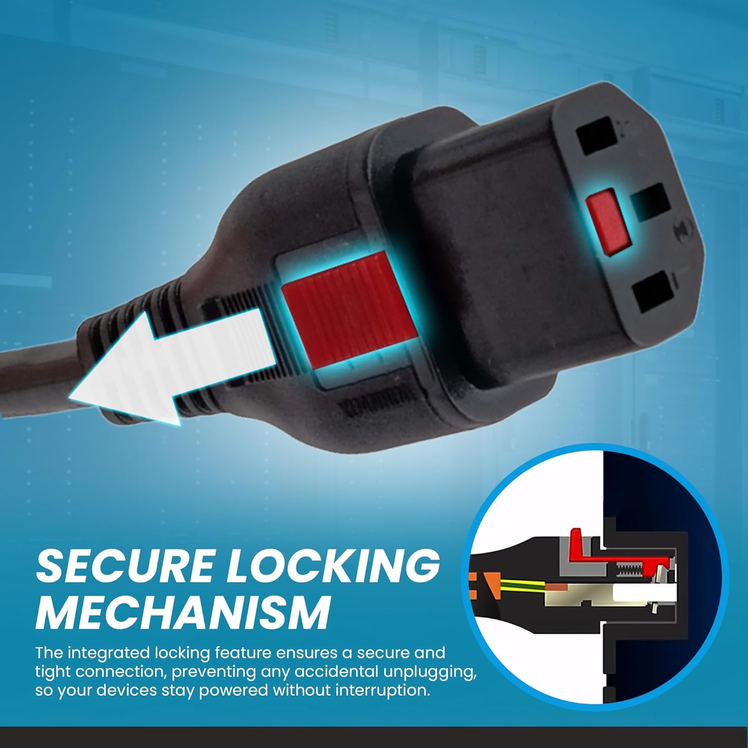 Close-up of the secure locking mechanism on the C13 connector