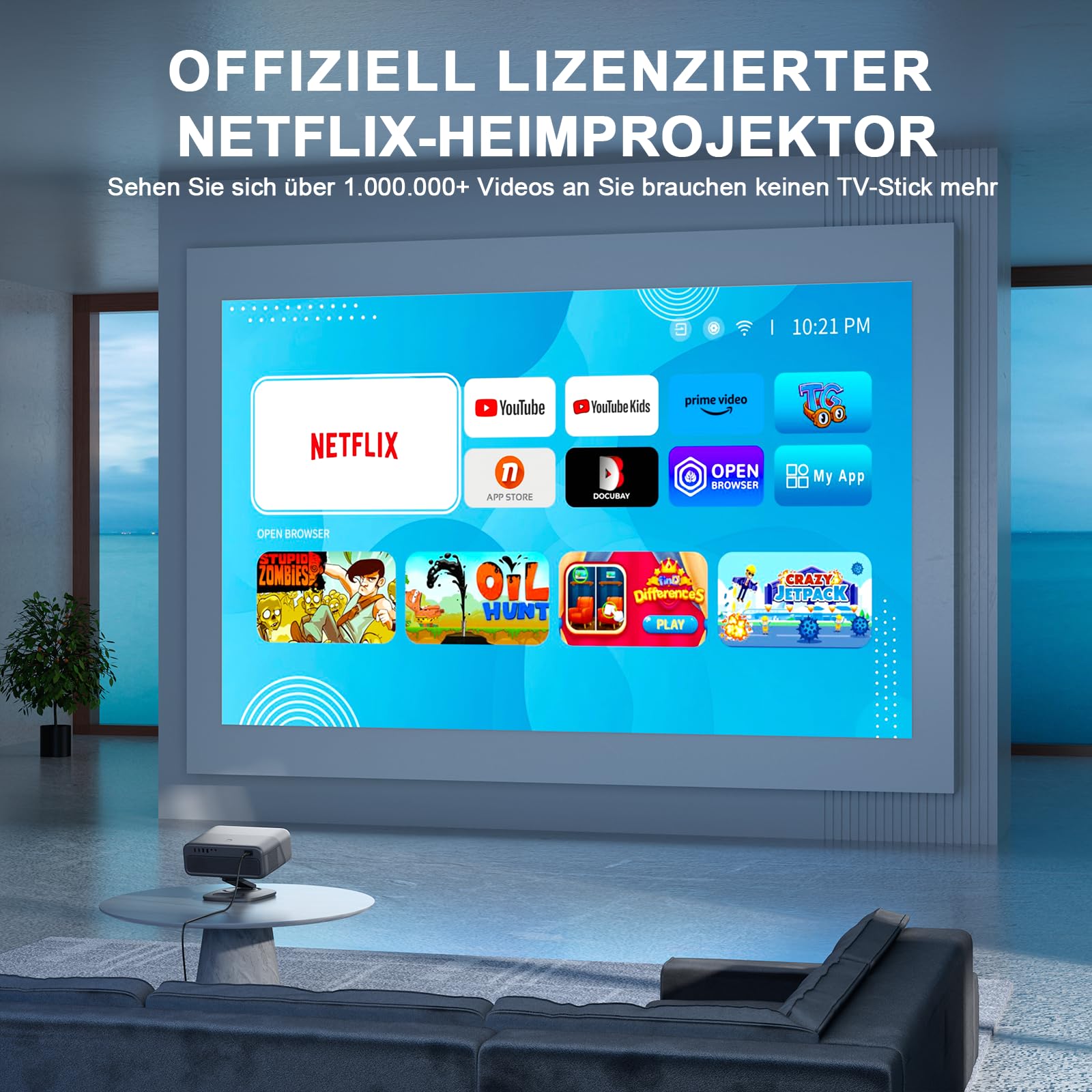 Smart Beamer 4K【Netflix-Fähig & Dolby Audio】VISSPL 4000 ANSI Video Projektor,Autofokus&Trapezkorrektur,1080P Full HD WiFi6 Bluetooth Heimkino/Outdoor Beamer mit 360°-Halter für Handy【Upgrade Version 】