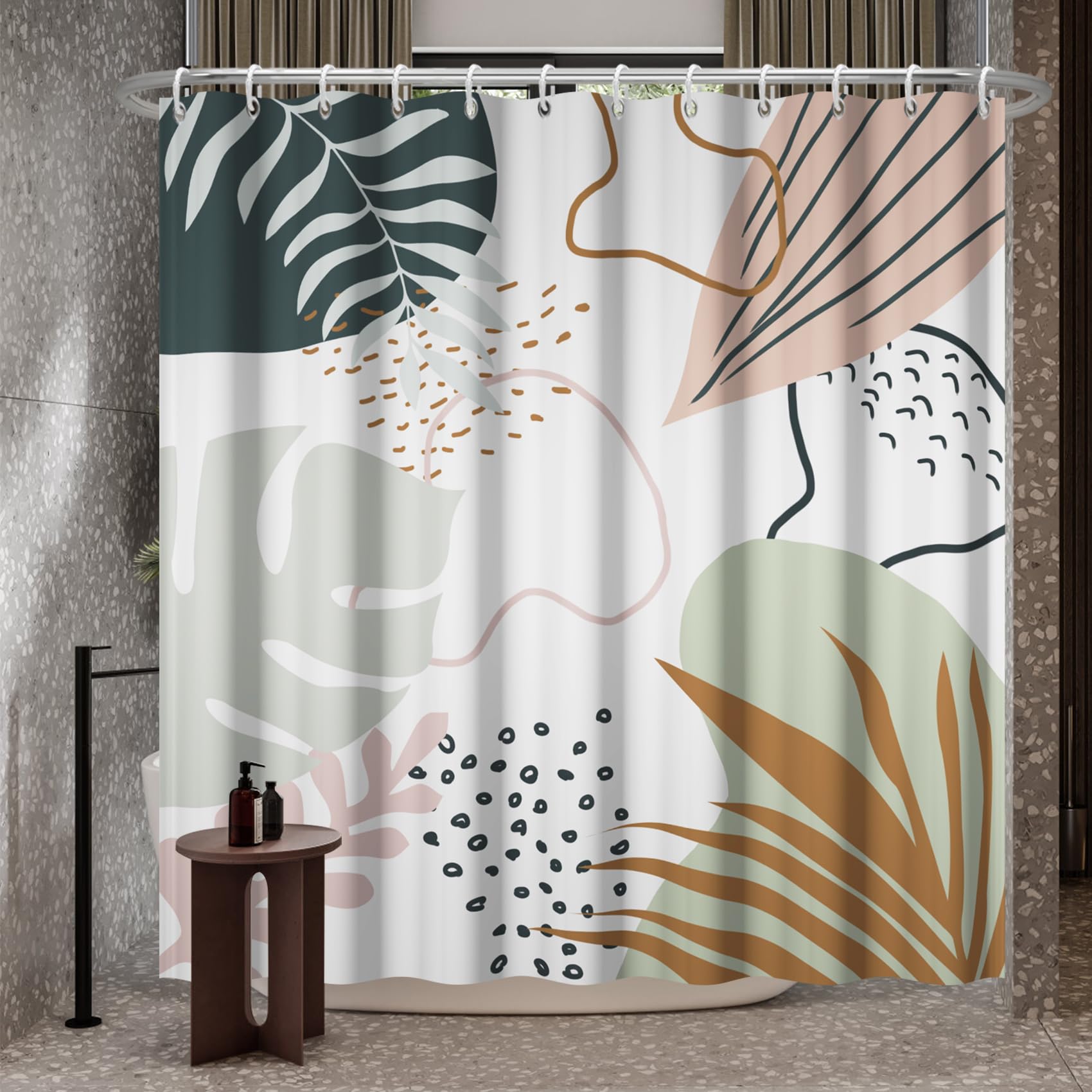 Pianta Astratta Tenda da Doccia 180x200cm Boho Foglie di Palma e Monstera Mid-Century e Stile Tropicale Impermeabile Lavabile in Poliestere Tende da Bagno con 12 Ganci per Vasca da Bagno