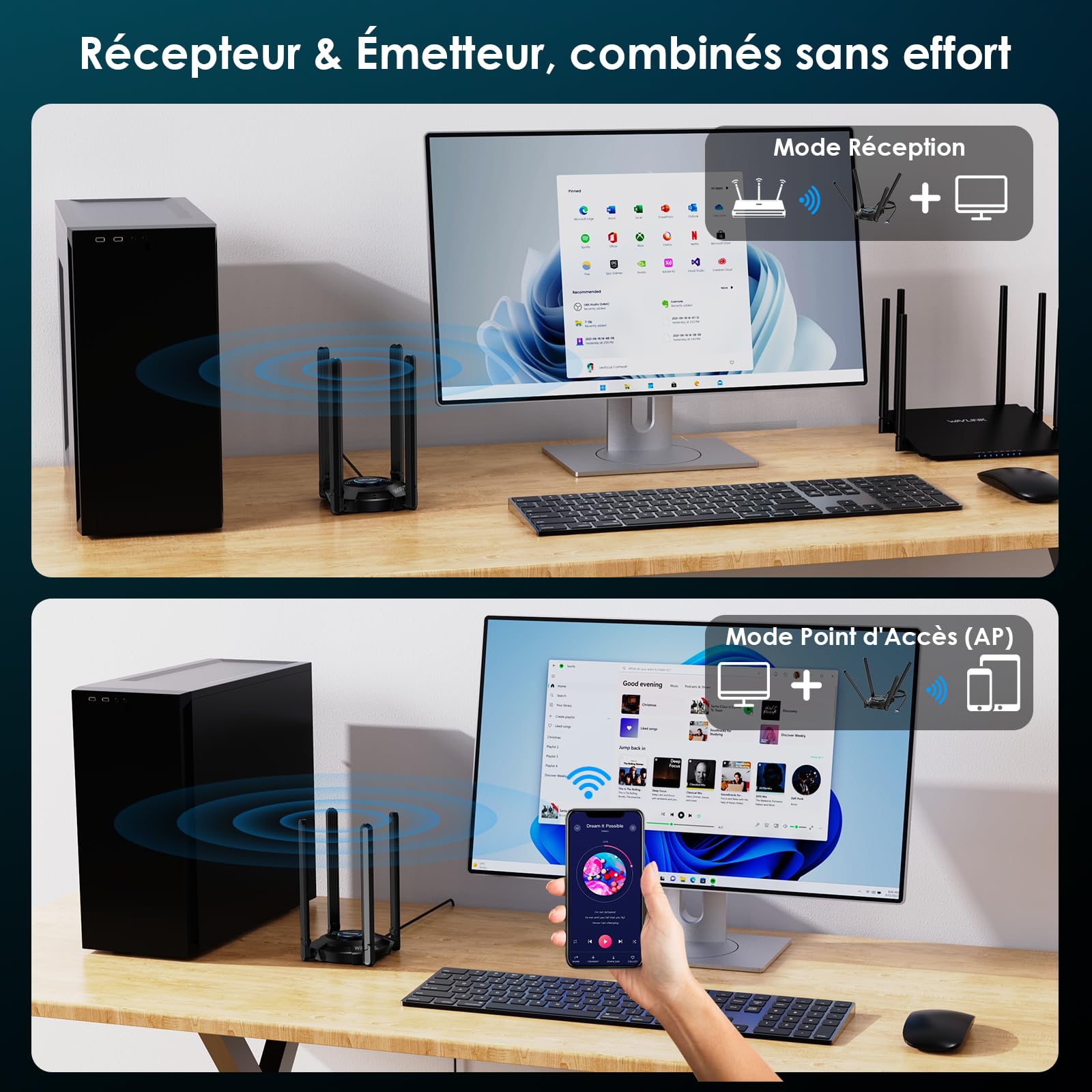 WAVLINK WiFi 7 USB WiFi Dongle pour PC, Adaptateur USB WiFi Tri-Bande BE6500 avec Pilote Intégré, WPA3, MLO & Multi-RU, Antennes Haut Gain 5dBi, Compatible Windows 11/10 Uniquement