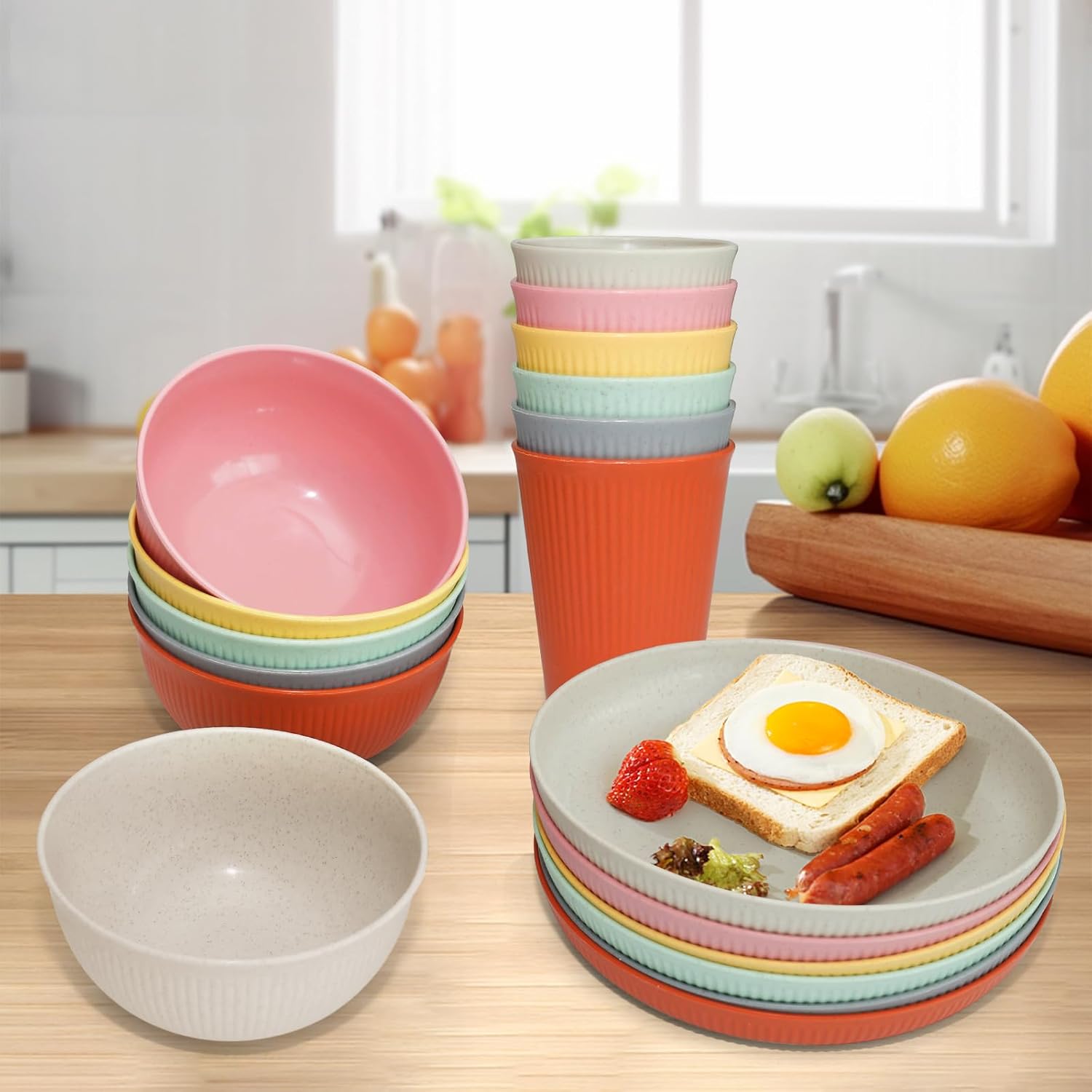 36 pcs Wheat Straw Dinnerware Sets DAPIPIK Unbreakable Reusable Dinnerware Set ,Lightweight Camping Plates Cups and Bowls Set. Dishwasher Microwave Safe Dinnerware - Image 3