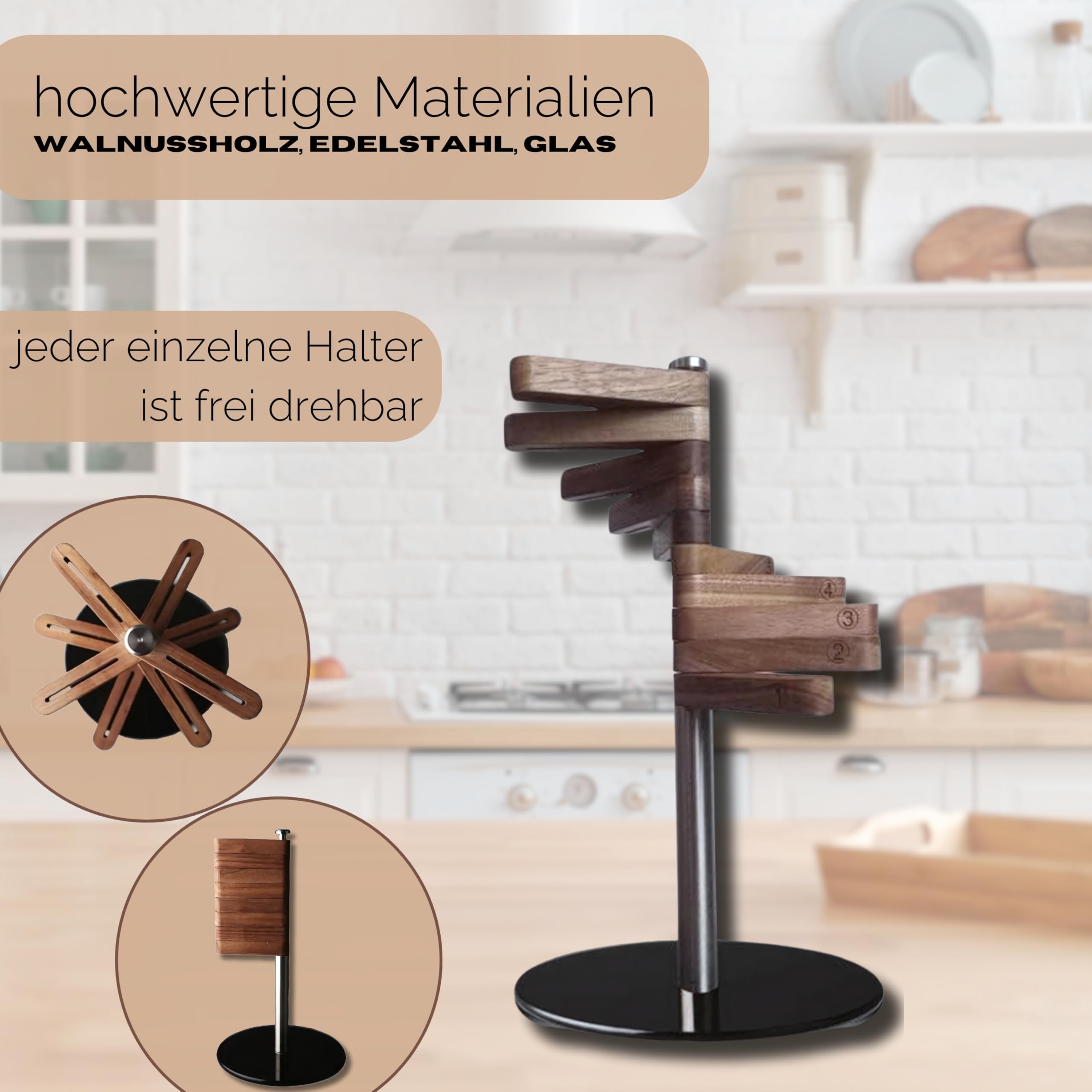 hochwertiger Messerhalter aus Walnussholz, Edelstahl und Glas, unbestückt, hygienisch und platzsparend, drehbar, Küchenmesserhalter, Messerblock ohne Messer, in Geschenkbox