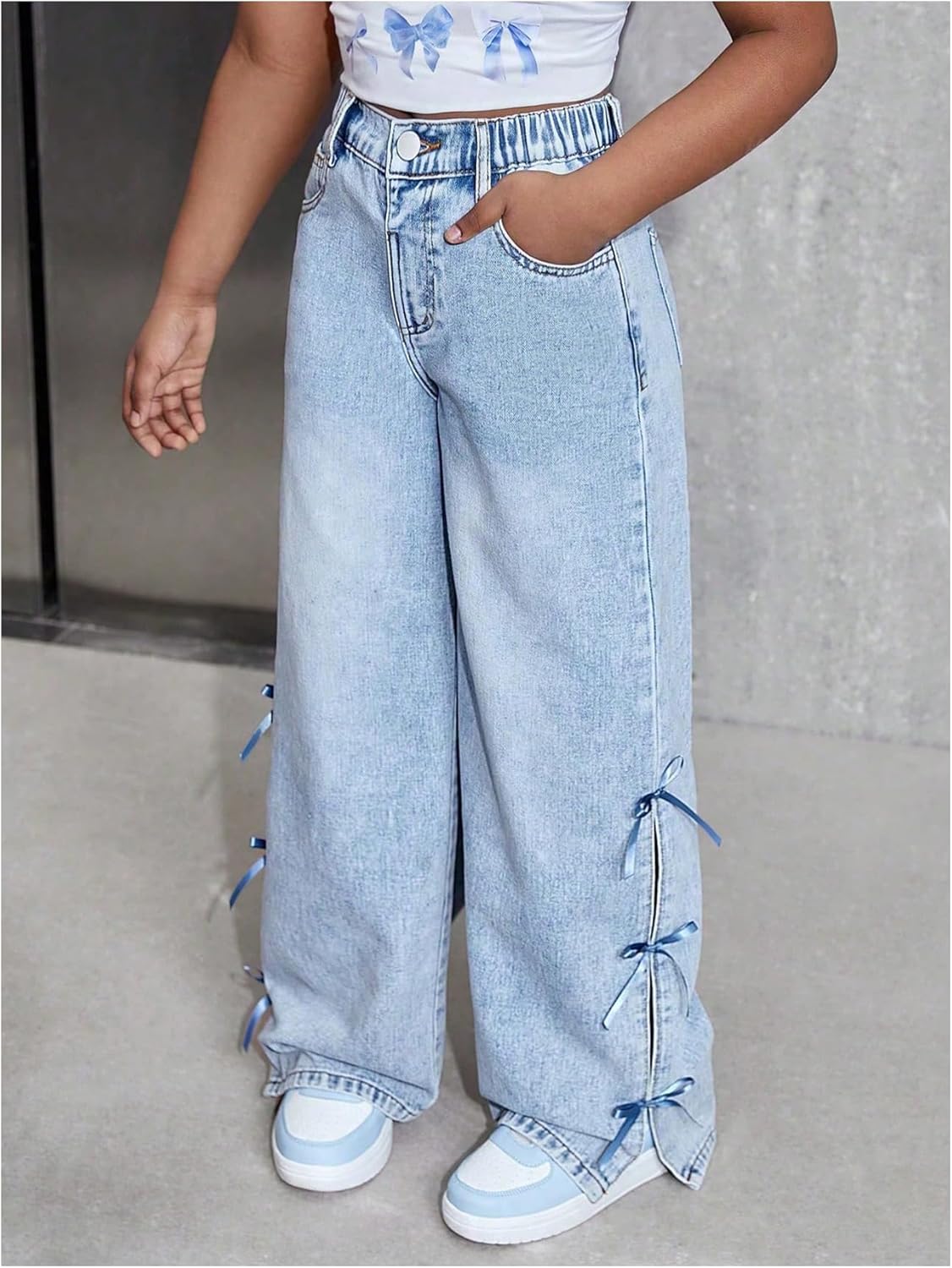 Milumia Girl's Bow Knot Baggy Jeans Y2k Wide Leg Loose Casual Denim Pants with Pockets