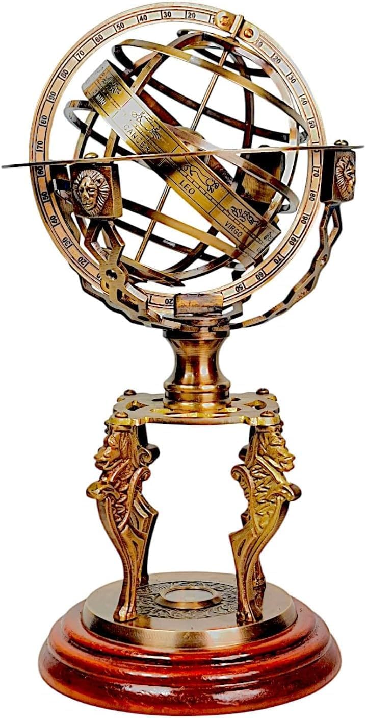 Premium Brass Armillary Sphere with Wooden Base – Large Antique Astronomical Globe | Zodiac Engraved Celestial Model | Vintage Home & Office Decor