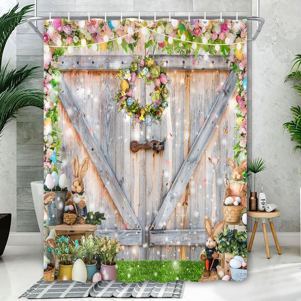 Rustic Farmhouse Easter Shower Curtain,Spring Easter Rabbit Eggs Flower Wood Barn Door Shower Curtains for Bathroom,Washable Fabric Shower Curtain Set with Hooks 72X72in