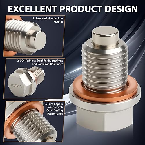 Miniatura 3 de Tapón de drenaje de aceite magnético de acero inoxidable M14 x 1.5, tuerca perno de drenaje del cárter con junta de cobre y arandela aplastante