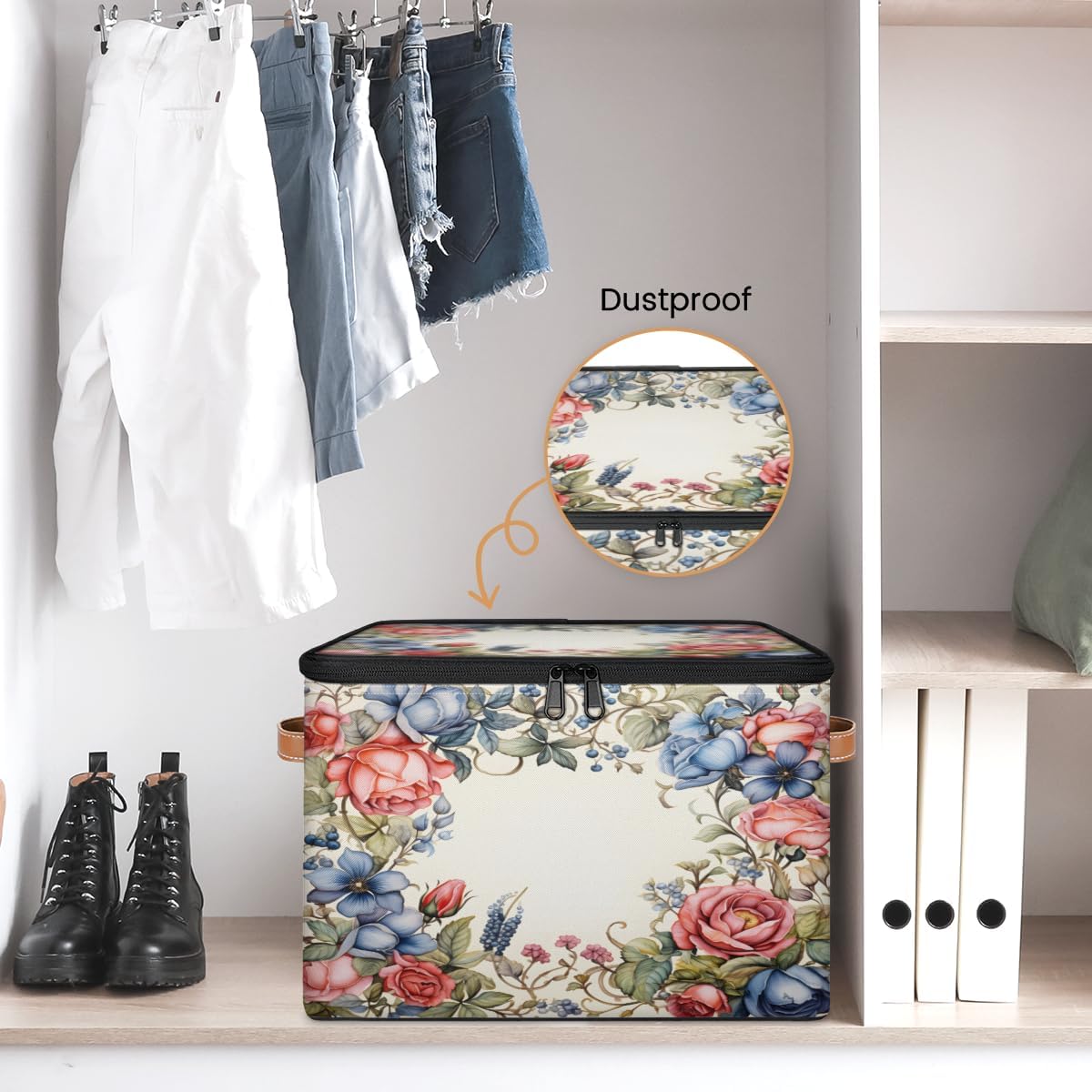 Storage Bin Set of 2 Flower Rose Storage Basket with Zipper Lid & Handle Foldable Closet Shelf 2 Pack Cloth Organizer Basket Cube Bins Clothes Organizer for Nursery, Bedroom
