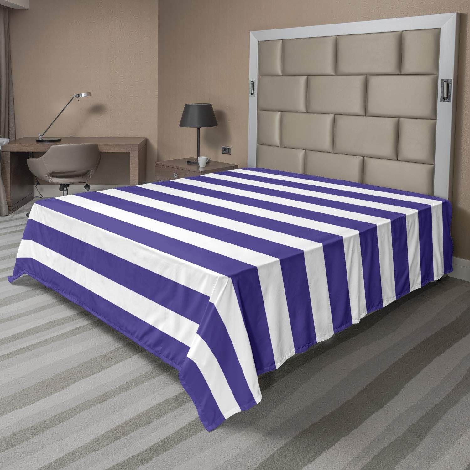 Ambesonne Striped Flat Sheet, Nautical Marine Style Navy Blue and White Sailor Theme Geometric Pattern Art Print, Soft Comfortable Top Sheet Decorative Bedding 1 Piece, Queen Size, Purple