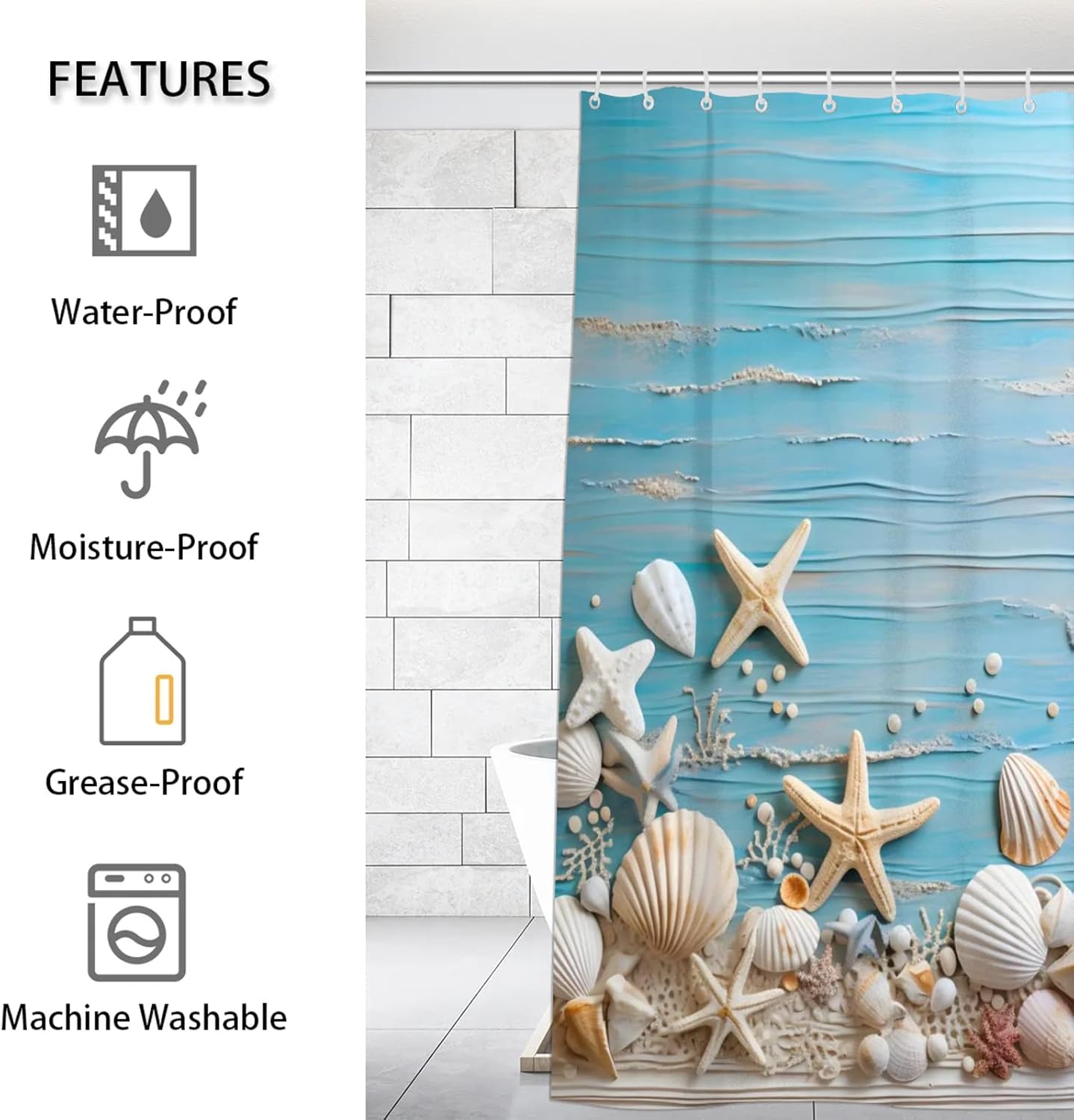Sea Shells Starfish Shower Curtain Waterproof Shower Curtain Hooks Bath Curtain Washable Shower Curtain Bathroom Decor