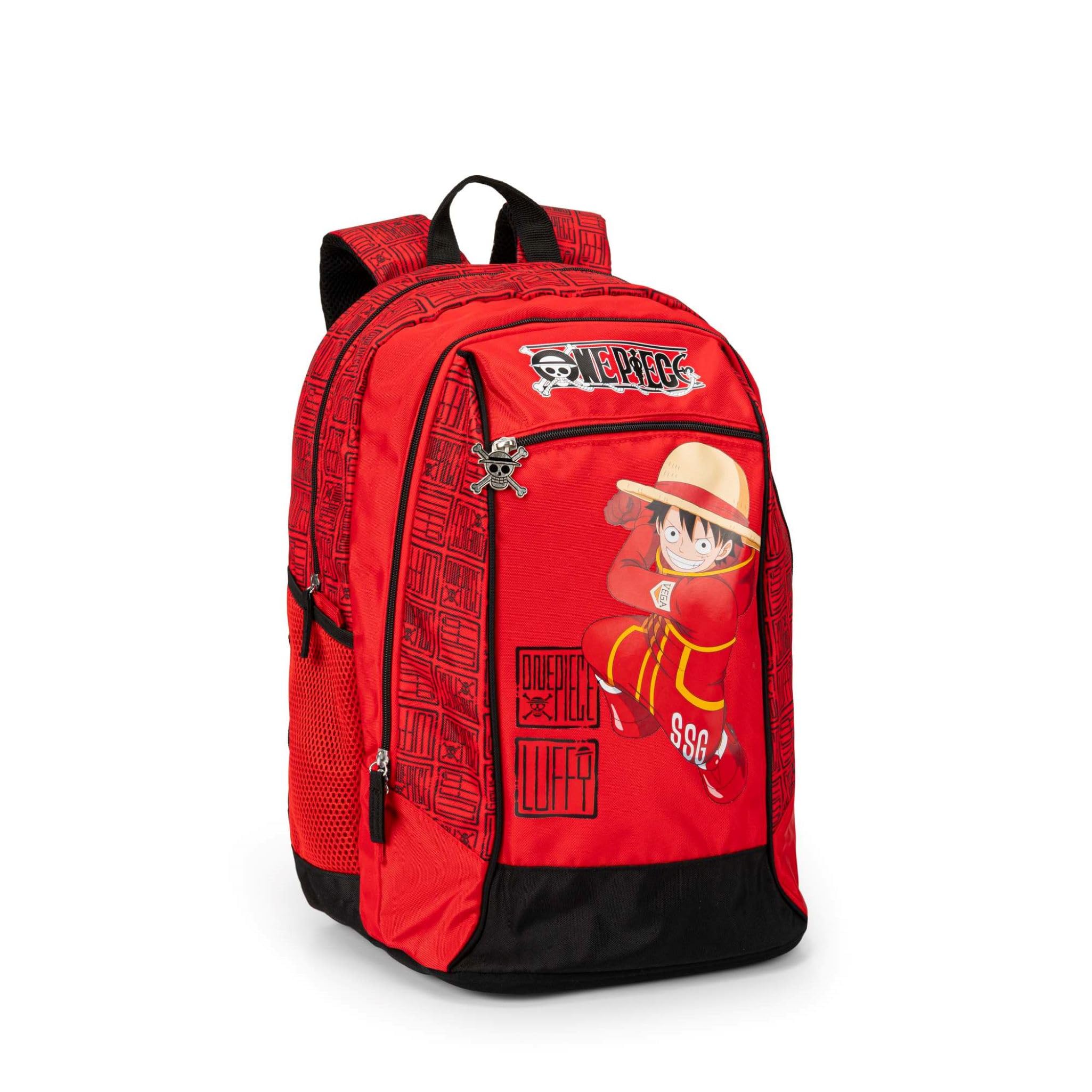 ONE PIECE - Zaino Scuola Ufficiale One Piece, con 2 Ampi Scomparti, Tasca Frontale, 2 Tasche Laterali in Rete, Spallacci Imbottiti, Retro e Fondo Termoformati, Chiusure a Zip, 32x43Hx23cm