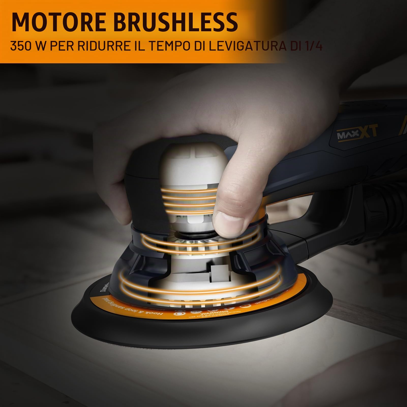 Smerigliatrice elettrica MAXXT senza spazzole da 350 W - Levigatrice orbitale 5.0 con dischi da 150 e 125 mm, attacco a tre punti, 4000-10000 giri/min (6 livelli), con 20 fogli