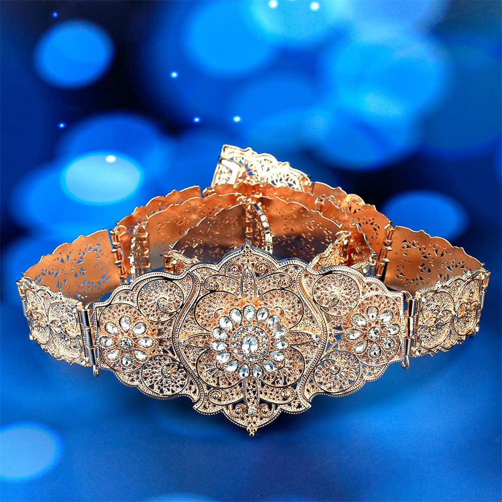 LNNSHX Cinturón marroquí de Color Dorado para Mujer, Cadena de Cintura de Metal de Cristal, cinturón del Cáucaso de Longitud Ajustable