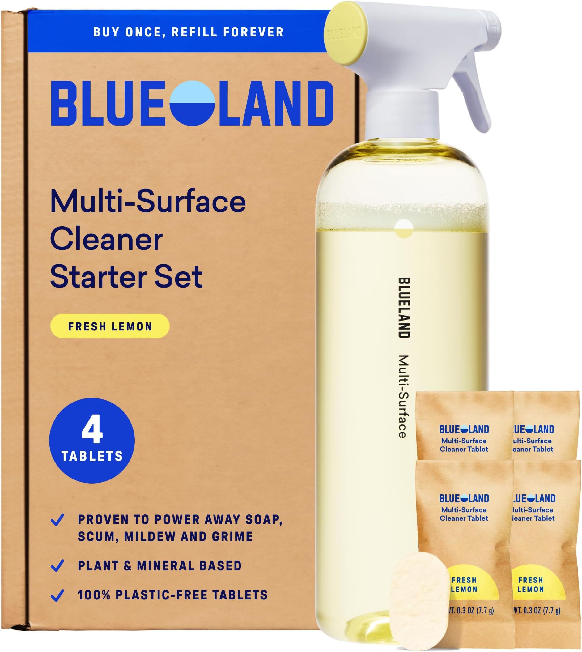Multi-surface Cleaner, Starter Set, Fresh Lemon Scent, Spray Bottle with 4 Refill Tablets, All-Purpose, Eco-Friendly Cleaning Supplies, 4 x 24 Fl oz