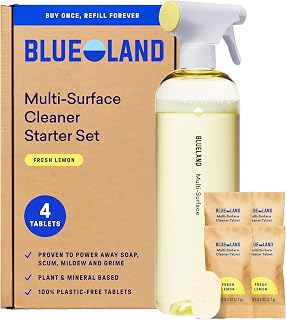 BLUELAND Multi-surface Cleaner, Starter Set, Fresh Lemon Scent, Spray Bottle with 4 Refill Tablets, All-Purpose, Eco-Friendly Cleaning Supplies, 4 x 24 Fl oz