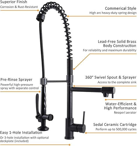 Miniatura 2 de Homary Grifo de cocina negro con rociador extraíble, estilo comercial, resistente, preenjuague con resorte, grifo de fregadero de granja, negro mate