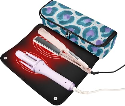2-in-1 Curling Iron Travel Case with Heat Resistant Pad Double-Layer Travel Carrying Case for Hot Tools Curling Iron Flat Irons Hair Volumizer Styler, Watercolor Style Leopard Print