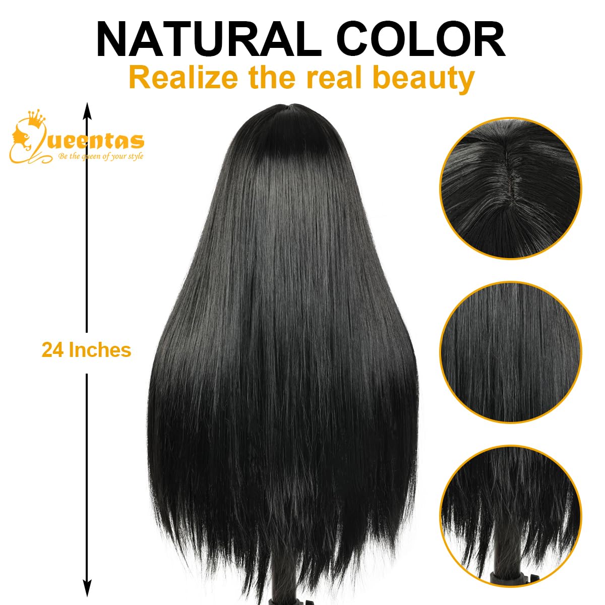 QUEENTAS 24 Inch Long Black Wig with Bangs Straight Wigs for Women Glueless Natural Looking Synthetic Long Hair Glueless Wig