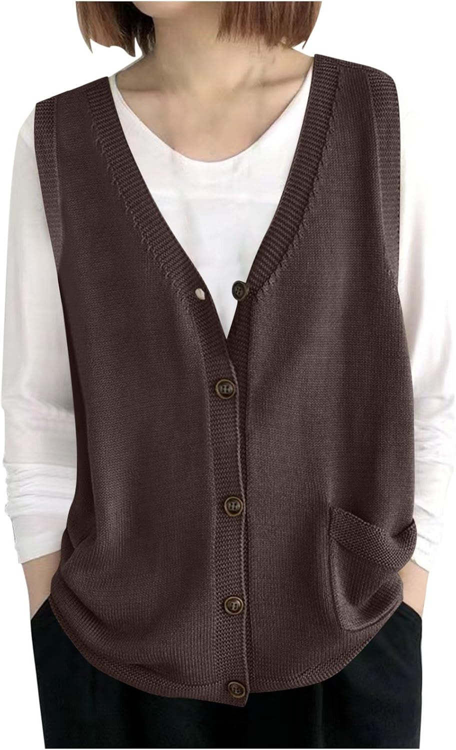 Womens Knit Cardigan Tank Tops Fashion Button V-Neck Sleeveless Loose Comfy Sweater Vest Knitwear Blouse Tops