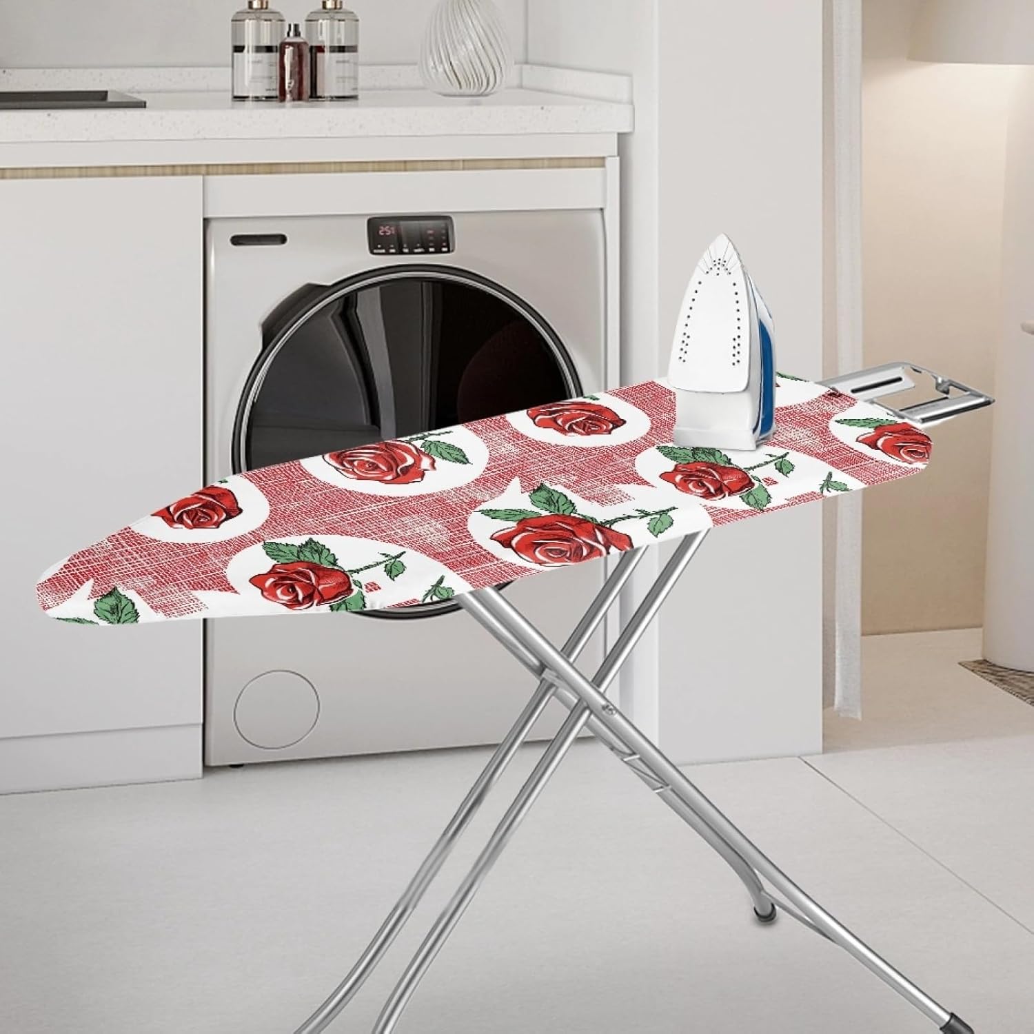 Padded Ironing Board Covers 18 X 49 Red Rose Retro Ironing Board Pad and Cover Thick Replacement Drawstring Tightening & Lock, Easy Fit, Scorch & Stain Resistant, Non Slip