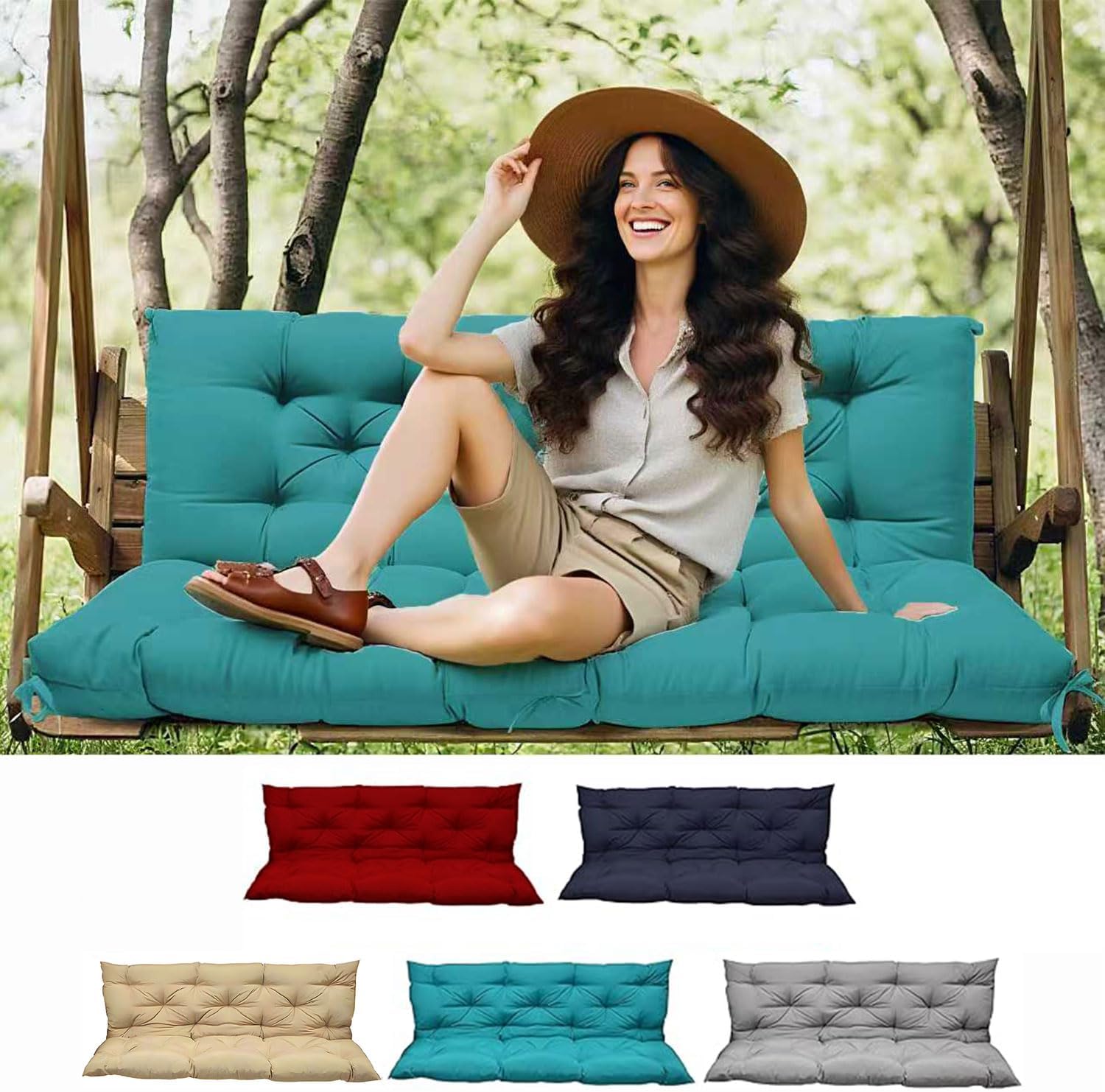 Porch Swing Cushions, Outdoor Swing Cushions 3 Seater Replacement with Backrest, Thickened Swing Cushion with Ties,Patio,Outdoor,Backyard and Gard (Khaki, 63 * 40 * 4 inches)