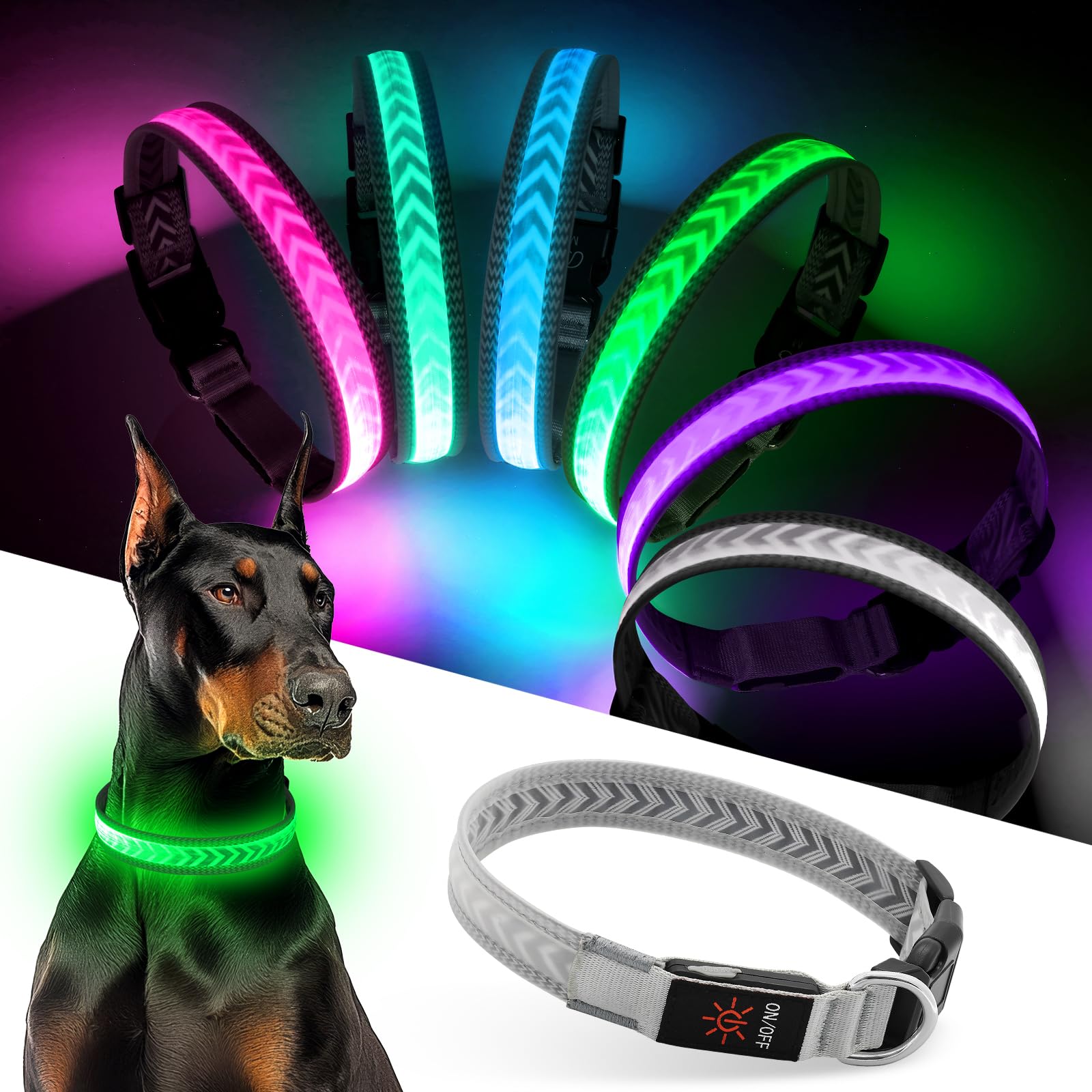 GlooPavv Light up Dog Collar, Multicolor LED Dog Collar Type-C Rechargeable, High Visibility Rainbow Gradient Glow & 7 Light Modes, Adjustable Waterproof Dog Safety Collar for Night Walking (Medium)