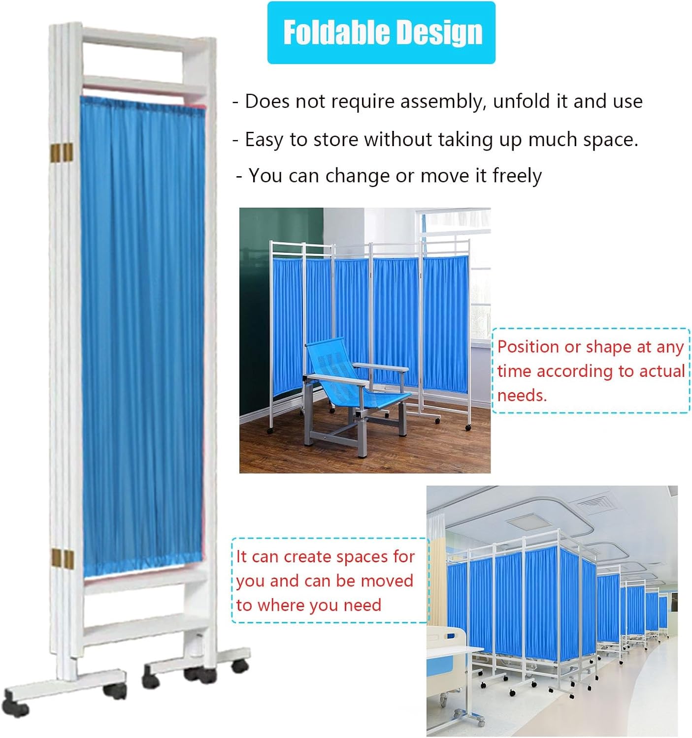 Medical Privacy Screens, 3/4/5/6 Panel Indoor Foldable Temporary Room Partition Wall Fencing with Wheels, for Beauty Salon Hospital Clinic Ward, Metal Iron Frame(Yellow,3 Panels W1