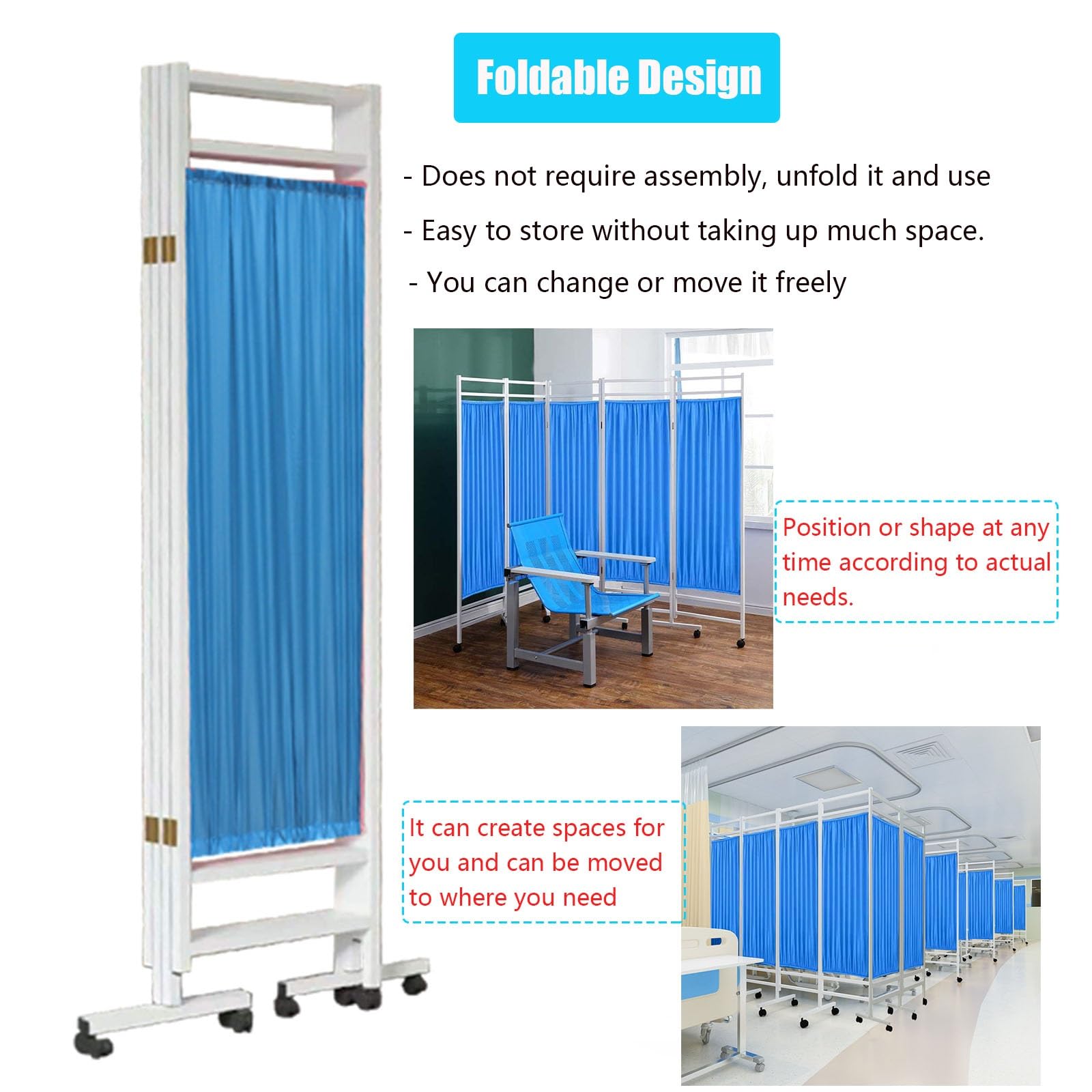 Biombo médico Plegable de 180 cm, Separador de Hierro para Salones y centros de Salud, Divisor de Nailon Azul Que Ahorra Espacio, 4 Paneles (200 cm)