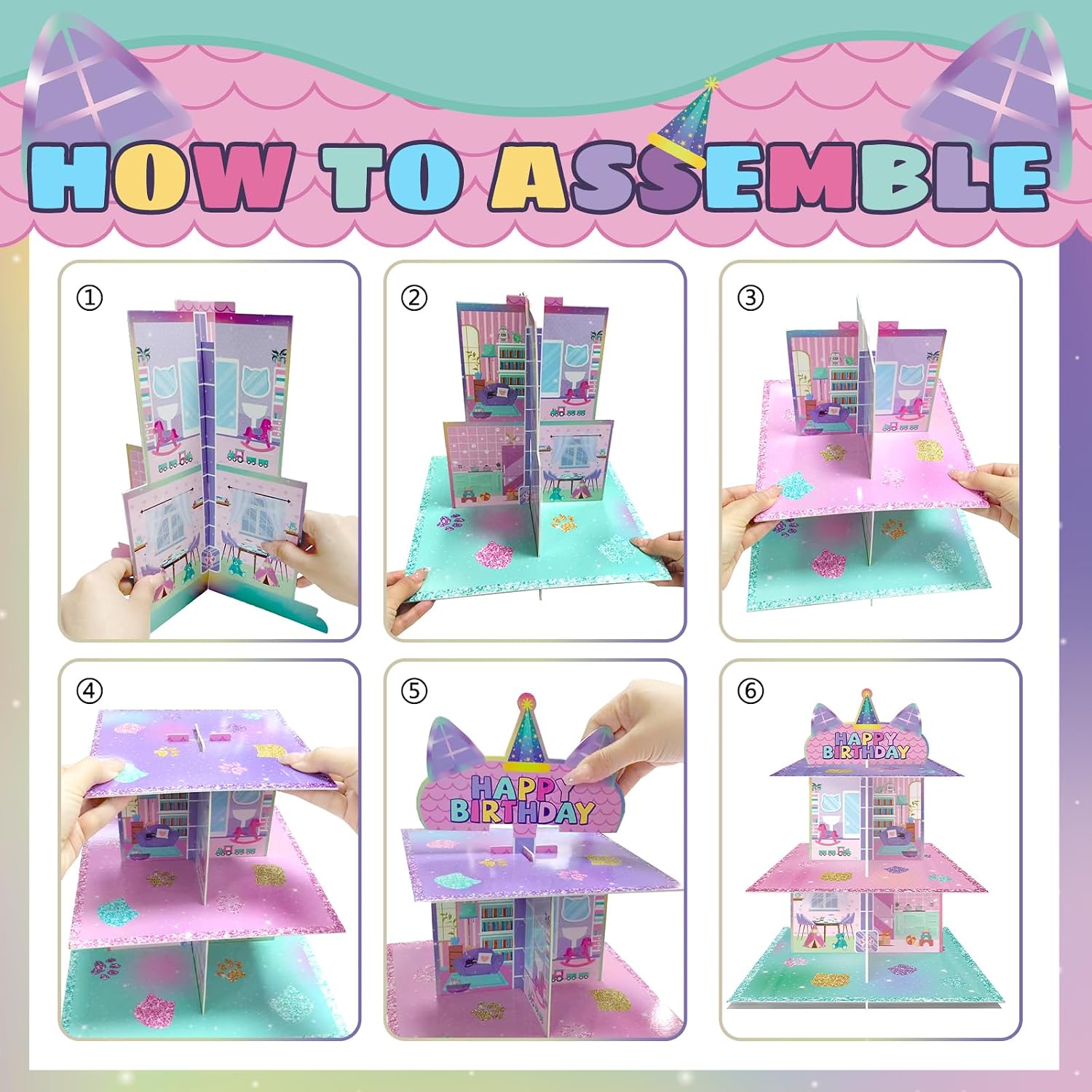 FRIDAY NIGHT Cartoon Cat Dollhouse Cupcake Stand Cupcake Tower Pink Cake Dessert Holder 3-Tier Dollhouse Birthday Party Decorations Supplies Cute Cat Birthday Decor