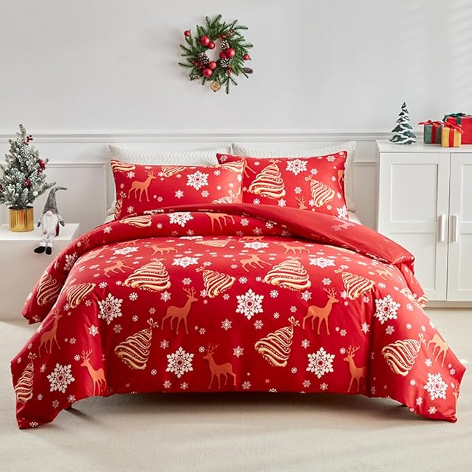 Nayoroom Christmas Duvet Cover Queen Size Red Reindeer