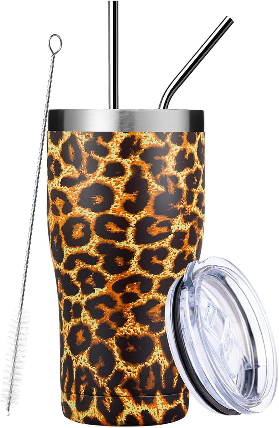 MANYHY 20oz Stainless Steel Insulated Tumbler, Double Wall Vacuum Travel Mug with Spill Proof Lids, Straw and Brush, Coffee Cup for Cold & Hot Drinks for Home, Outdoor, Office, School, (Leopard, 6)