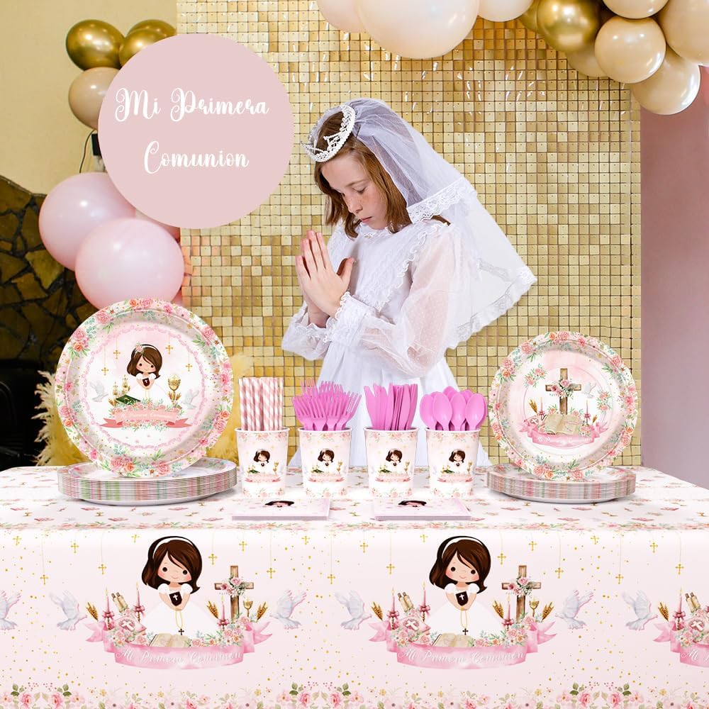 AIBIIN 194 Pcs Pink Mi Primera Comunion Party Supplies Decorations for Girl Pink First Holy Communion Party Decorations Disposable Tableware Set with Plates Napkins and Tablecloth Serves 24 Guests