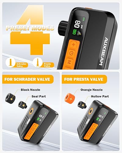 Miniatura 3 de Auxbeam Bomba de bicicleta con medidor  Batería de 1500 mAh y motor sin escobillas, bomba eléctrica de bicicleta de 120 PSI, velocidad de viento de