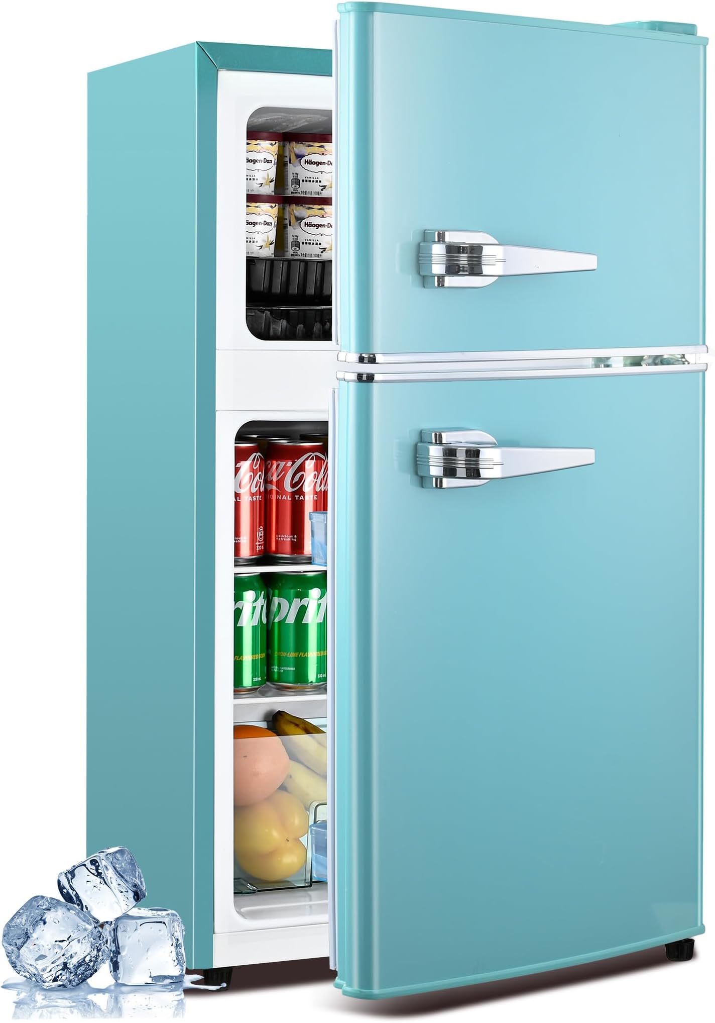 Anypro 3.2 Cu.Ft Refrigerator, Retro Double Door Fridge with Freezer, 7 Adjustable Temperature Settings, Removable Glass Shelves for Dorm, Office, Bedroom, Apartment, Blue