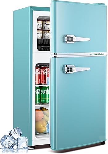 Refrigerador de 3.2 pies cúbicos con congelador, refrigerador de doble puerta con termostato de 7 niveles, luz LED, estantes ajustables,