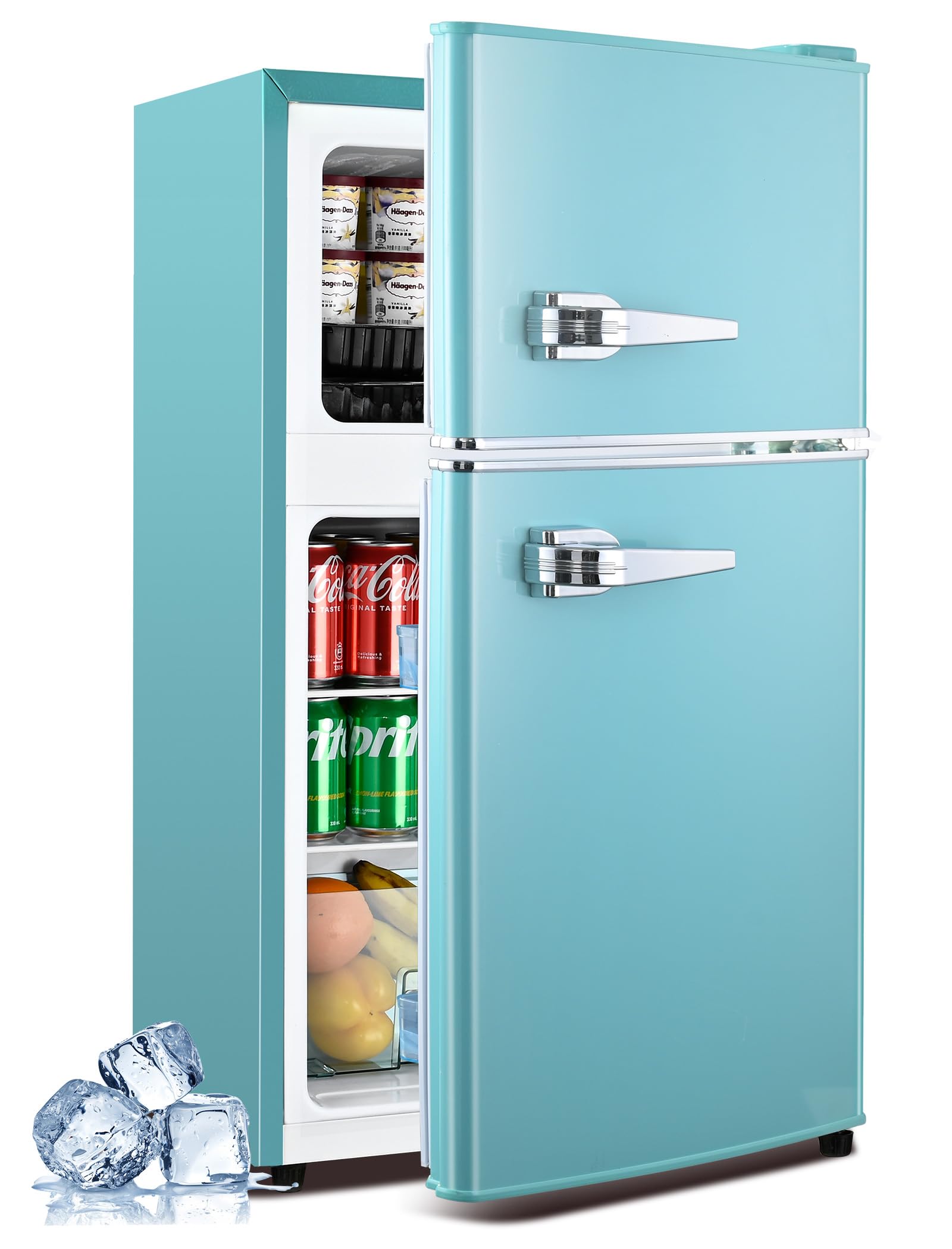 3.2 Cu.Ft Refrigerator, Retro Double Door Fridge with Freezer, 7 Adjustable Temperature Settings, Removable Glass Shelves for Dorm, Office, Bedroom, Apartment, Blue