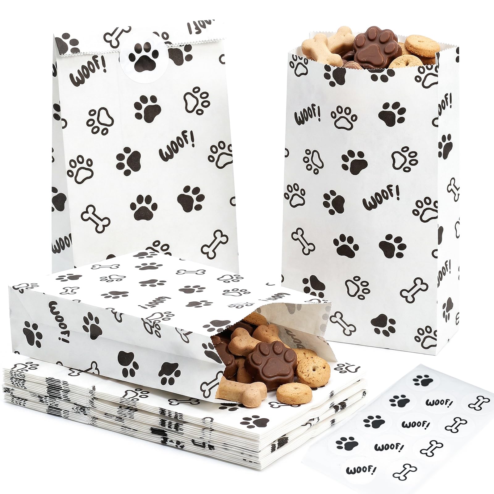 VGOODALL 36 Pack Paw Print Party Favor Bags with Stickers - 8.7"x4.7"x3.1" Dog Bone Goodie Bags, for Kids Birthday, Pet Celebration Decorations & Gift