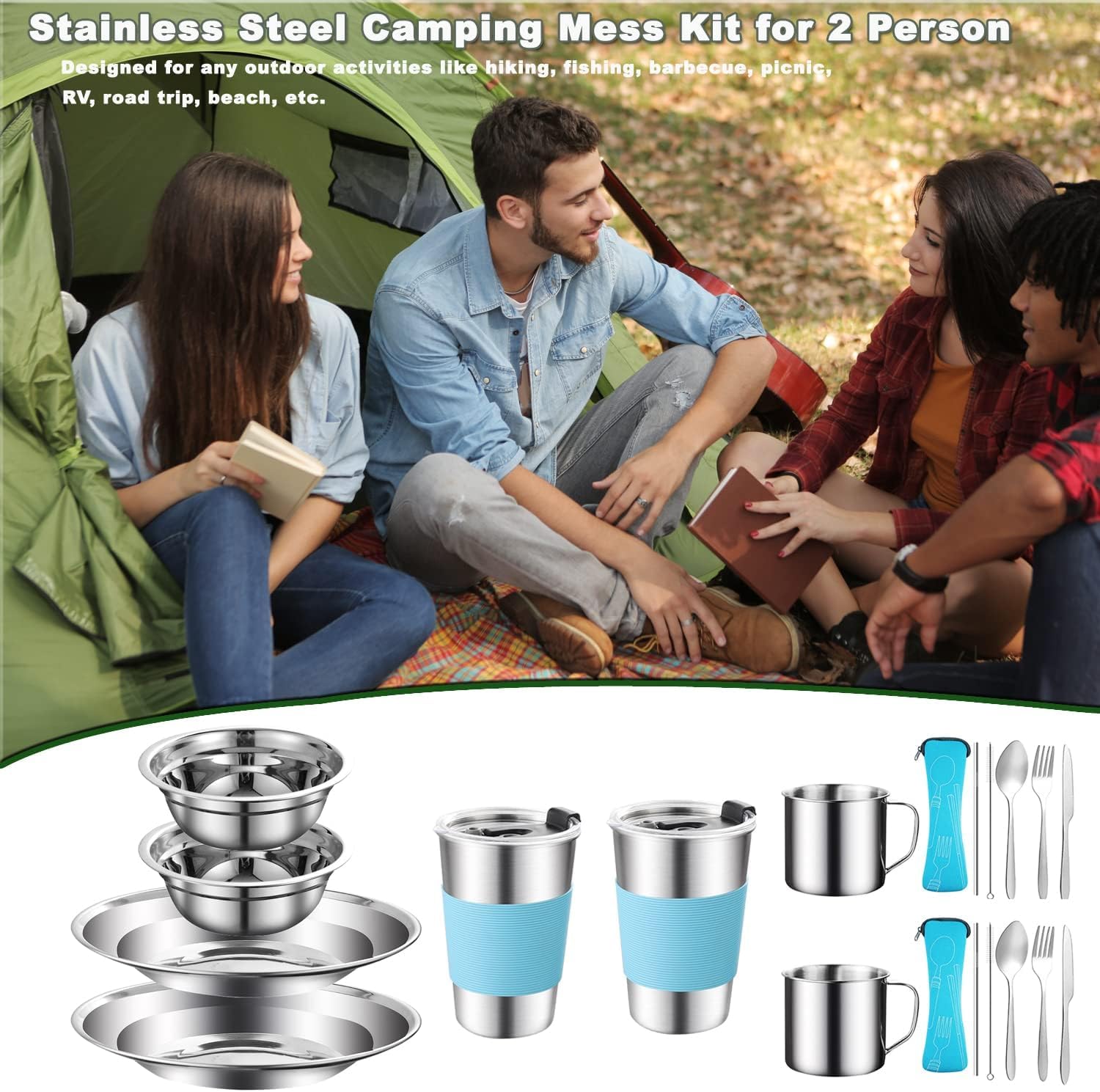 Lot de 20 couverts de camping en acier inoxydable pour 2 à 3 personnes - Comprend plaque, bol, cuillère, fourchette, couteau avec sac en maille pour le camping et les randonnées