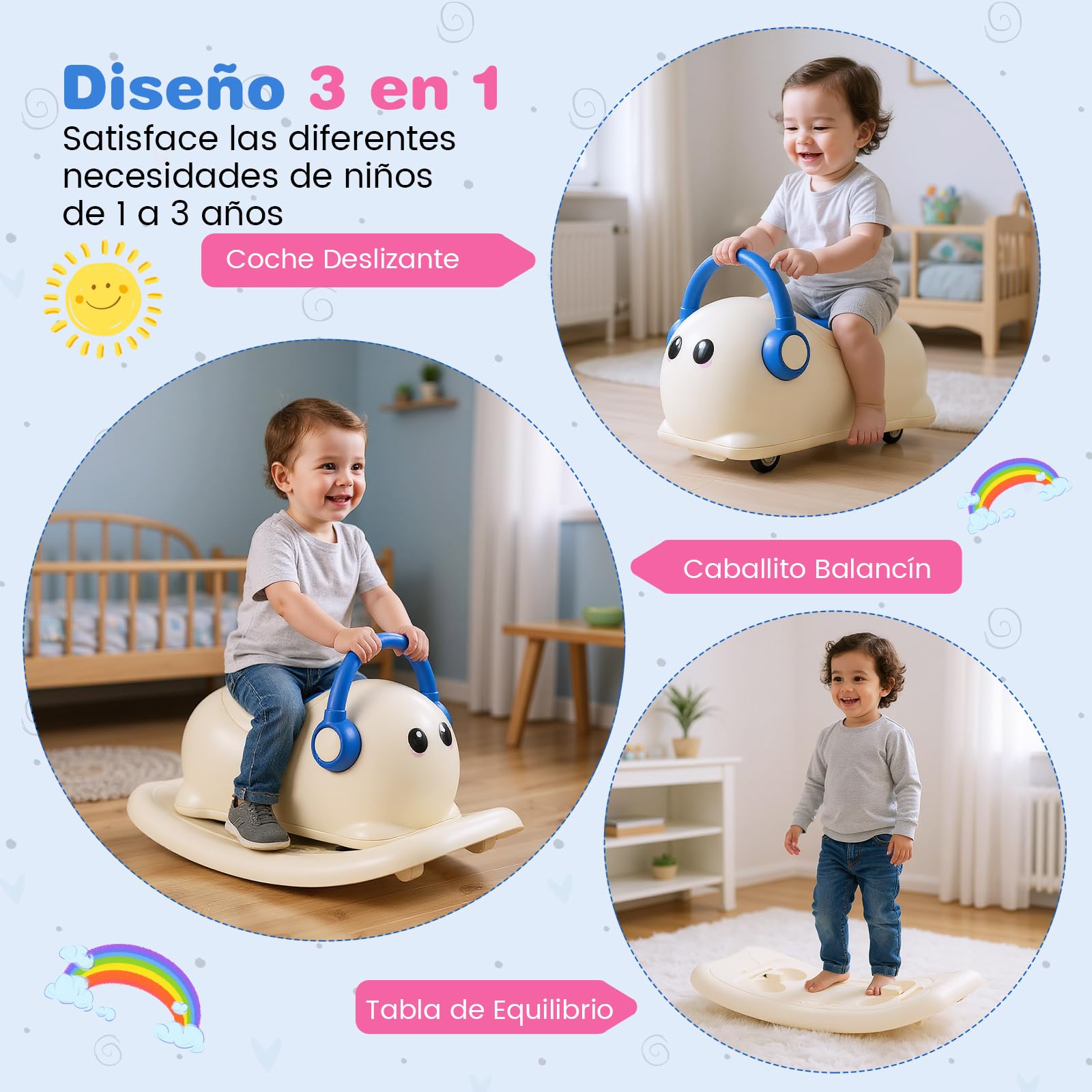 COSTWAY Caballo Balancín para Niños 3 en 1, Coche Cerrepasillo para Bebés con Almacenamiento Oculto, Ruedas Rodantes y Tabla de Equilibrio Desmontable, 64 x 34 x 36 cm