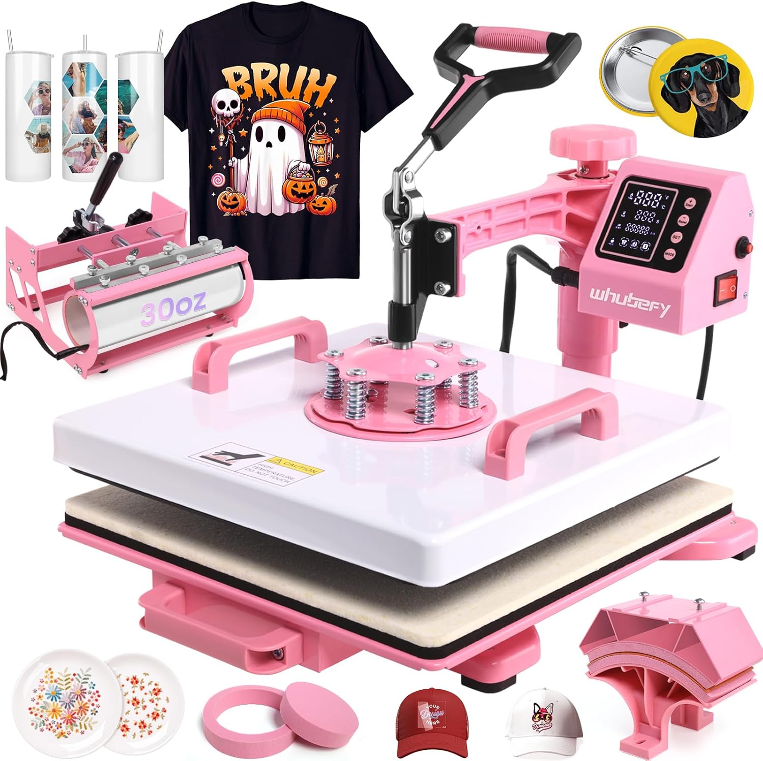 Whubefy 5 in 1 Heat Press Machine 15x15 Slide Out with 30OZ Tumbler Press, Swing Away Heat Press Machine for T Shirts Printing, 1400W Fast Heating Sublimation Shirt Press Machine for Hat Cap Mug Plate