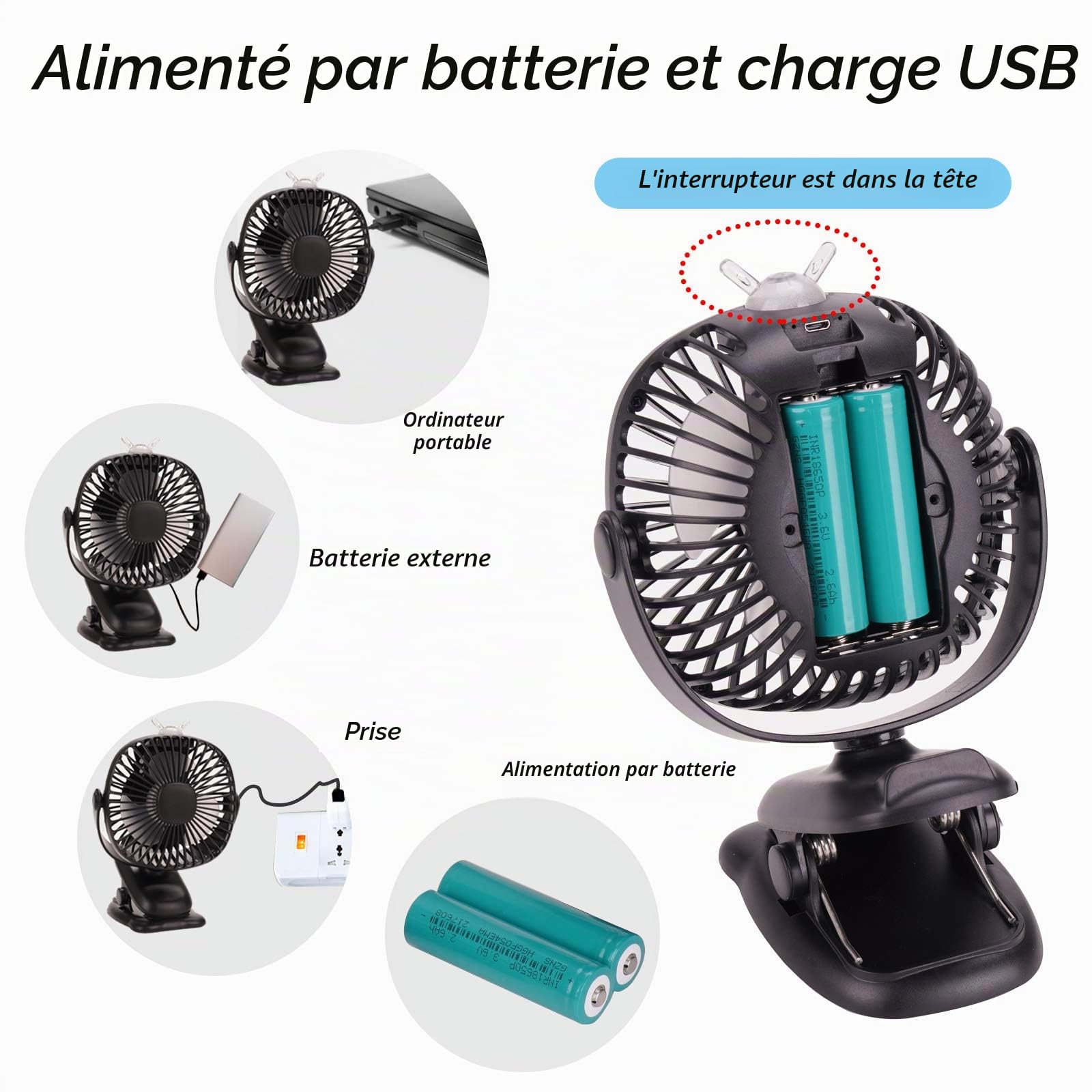 Venforze Ventilateur de poussette à clipser 8000 mAh USB Mini ventilateur de bureau personnel avec batterie rechargeable 4 vitesses Rotation à 360° Pour poussette, landau, poussette, bureau (Noir)