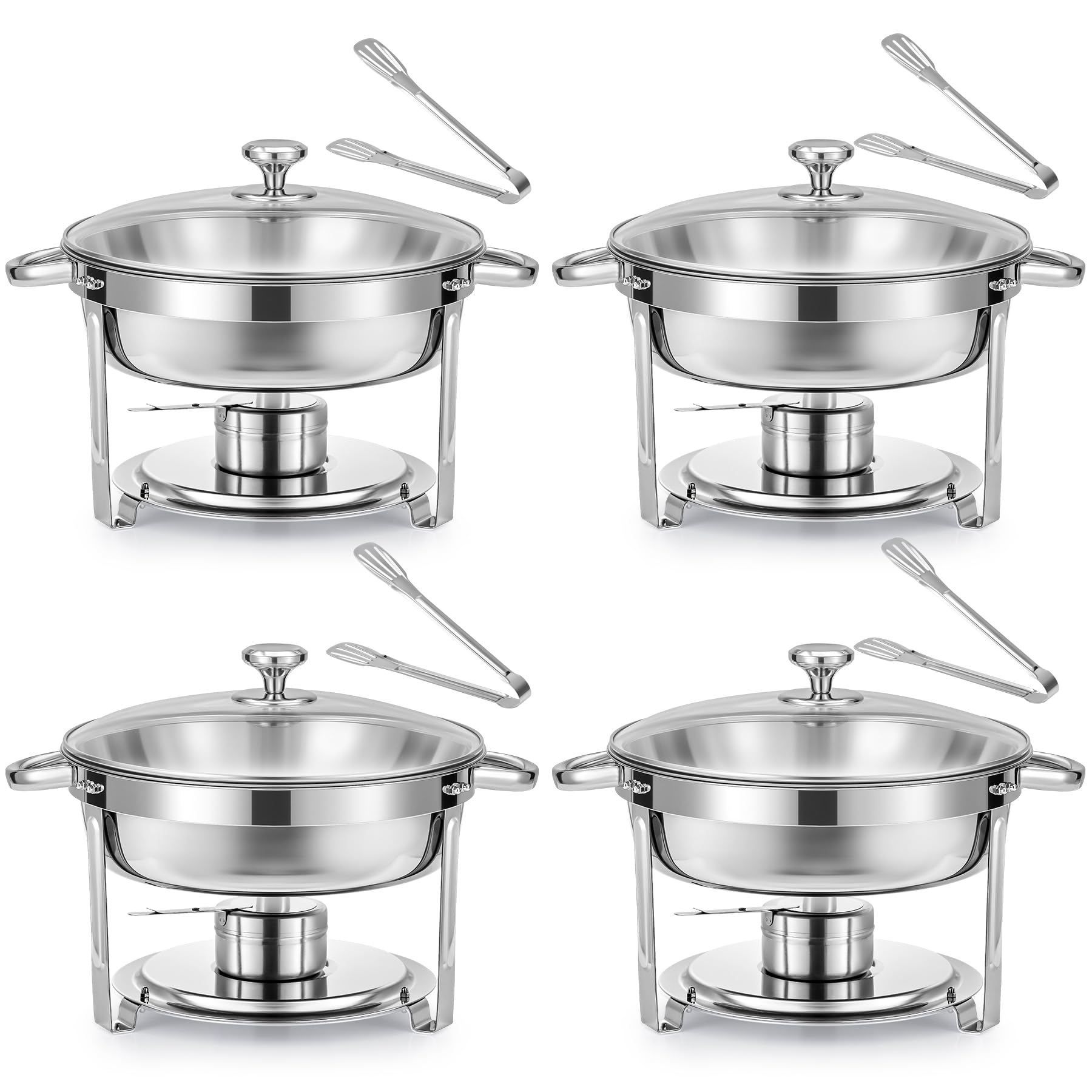 WILPREP Lot de 4 Buffets Chauffants Ronds Chafing Dish Rond 5,5L Chauffe Plat à Combustible en Acier Inoxydable Alimentaire avec Couvercle en Verre pour Les Fêtes Buffets Banquets Dîners
