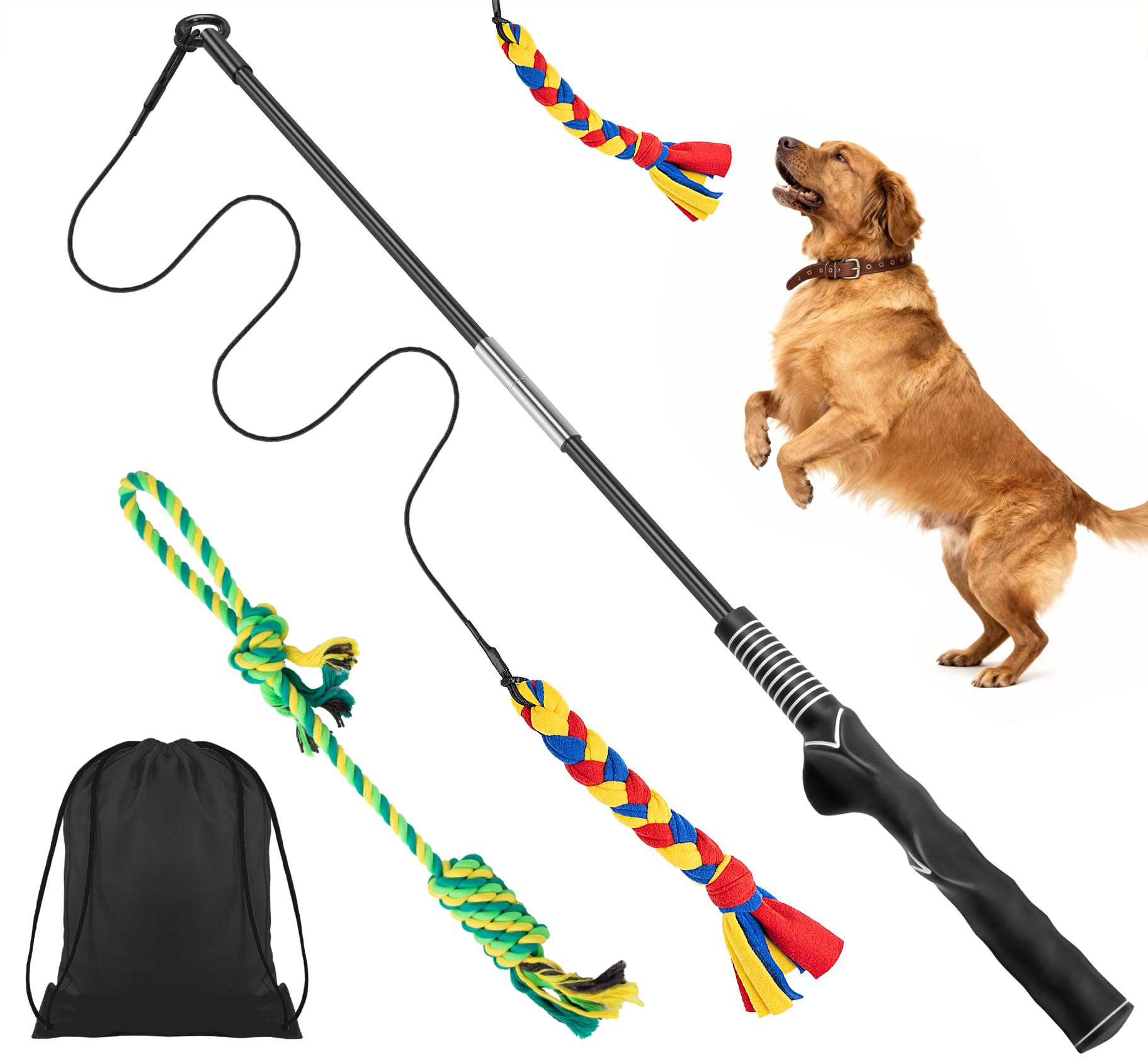 Ycozy Flirt Pole for Dogs, Heavy Duty Dog Teaser Wand with 2 Detachable Rope Toys, Interactive Dog Training Toy for Tug of War, Chase & Exercise, Flirt Stick for Small, Medium & Large Dogs, 96cm