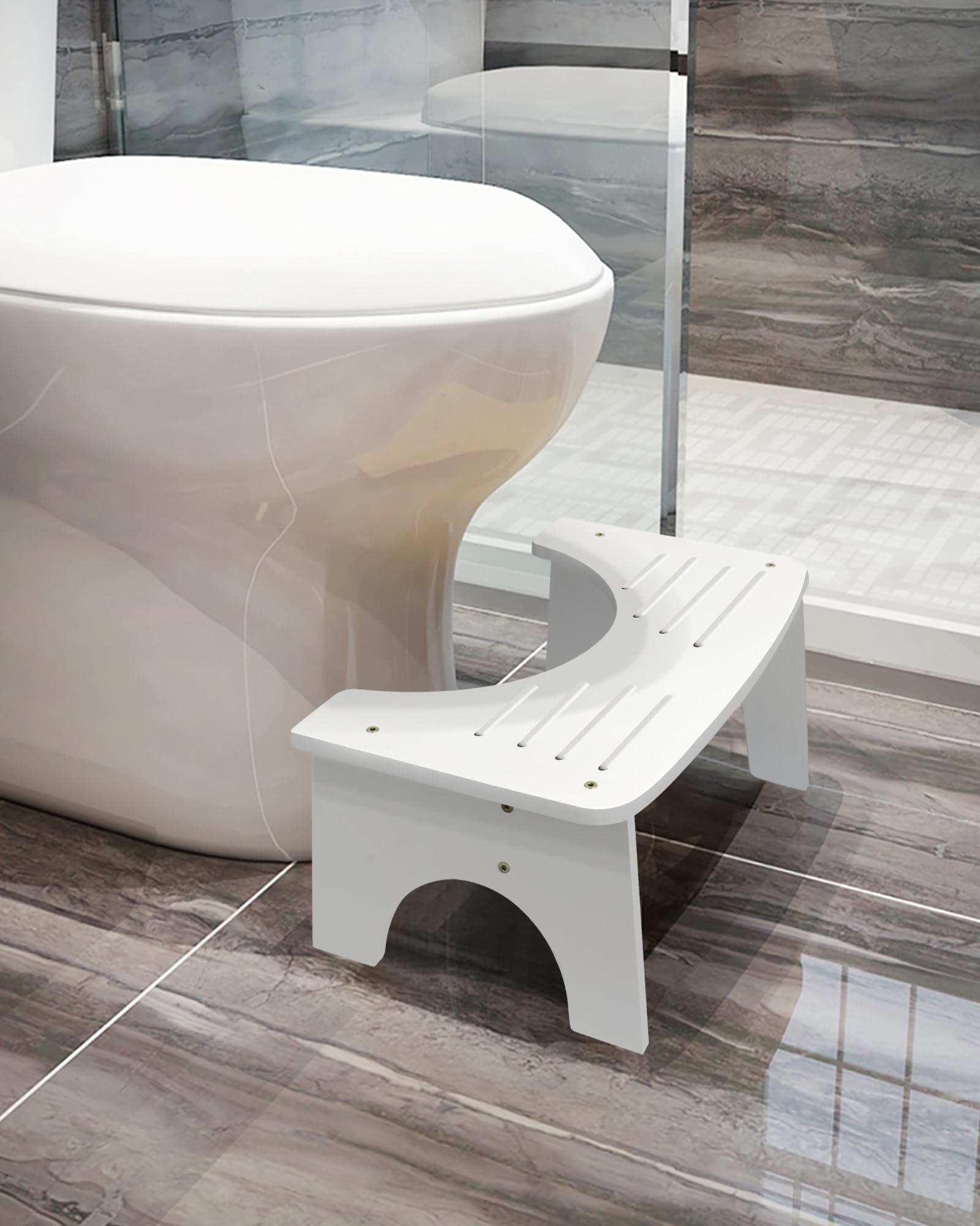 Bamboo Toilet Stool, 7" Toilet Stool Squat Adults Kids, Portable Simple Curve Squat Toilet Potty Stool, Non-Slip Poop Stool for Bathroom, Improve Squatting Posture and Comfort (White)