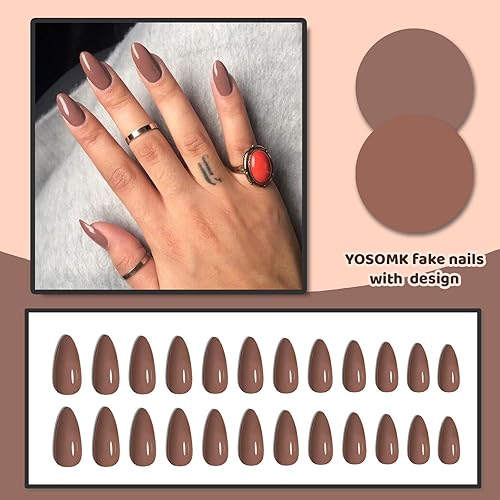 Miniatura 3 de Uñas postizas a presión marrón café, uñas postizas medianas de color sólido, cobertura completa, uñas postizas artificiales brillantes para manicura
