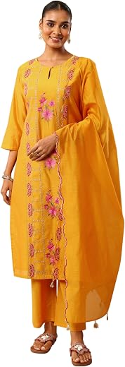 Libas Embroidered Silk Blend Straight Kurta With Trousers and Dupatta