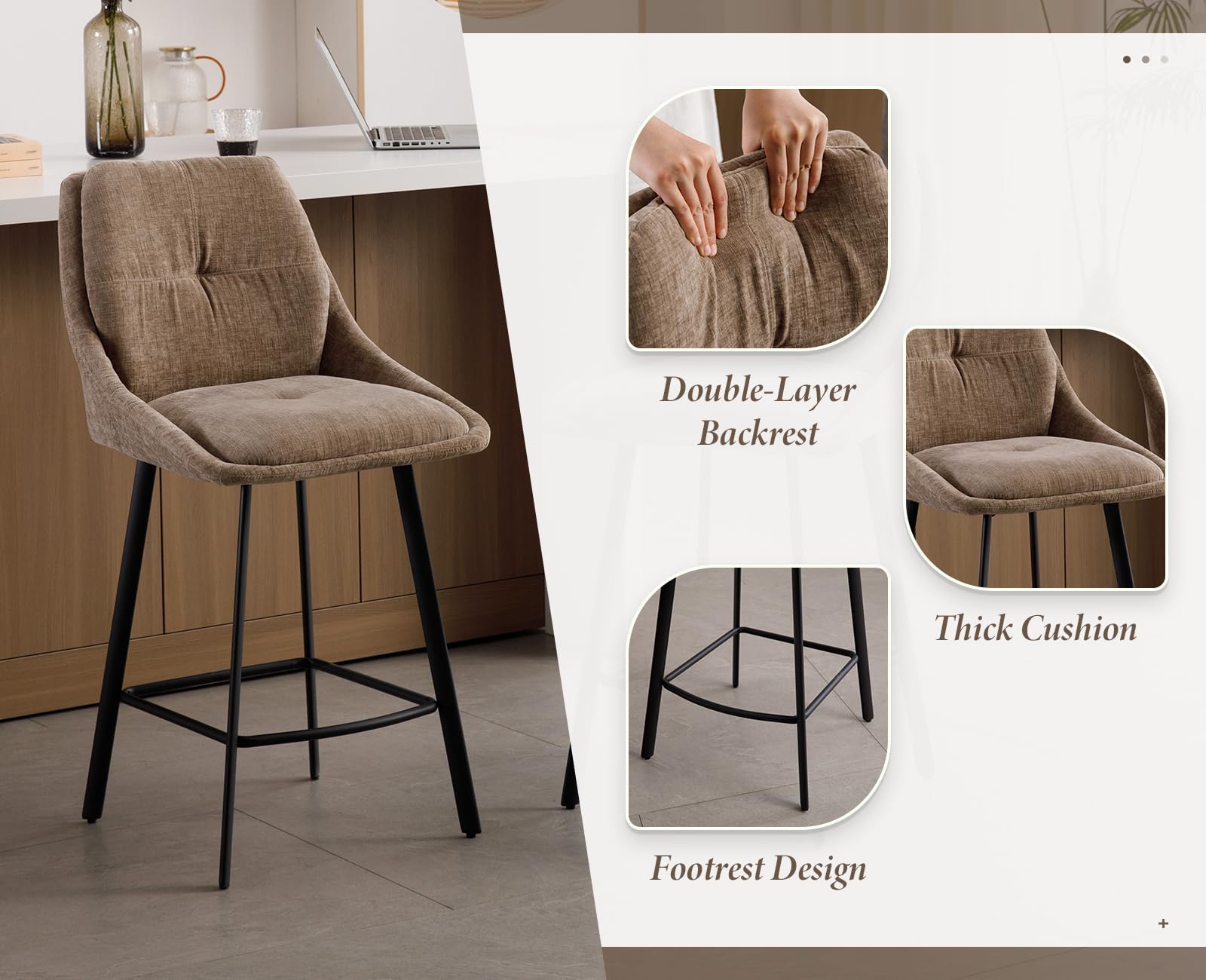 chairus 2 PZ Sgabelli da Bar in Tessuto Sgabelli Cucina Moderni, Cachi | Sgabelli Alti con Schienale Sgabelli Imbottita con Gambe in Metallo Sedie Alte per Bar/Sala da Pranzo/Penisola